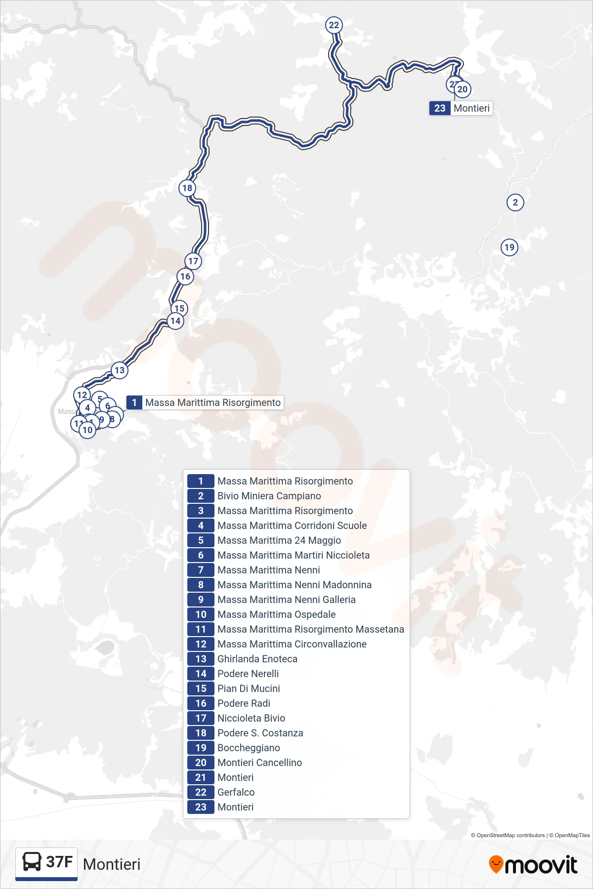 Linea 37F bus (Montieri) - Percorsi e fermate sulla mappa