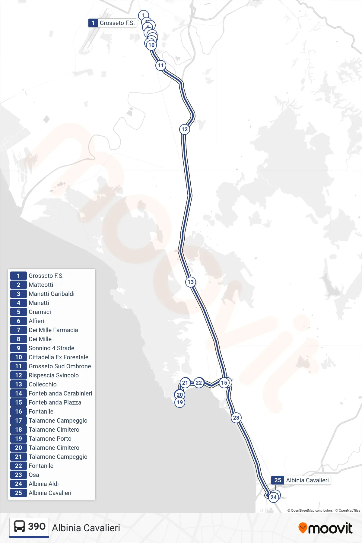 Linea 39O  bus (Albinia Cavalieri) - Percorsi e fermate sulla mappa