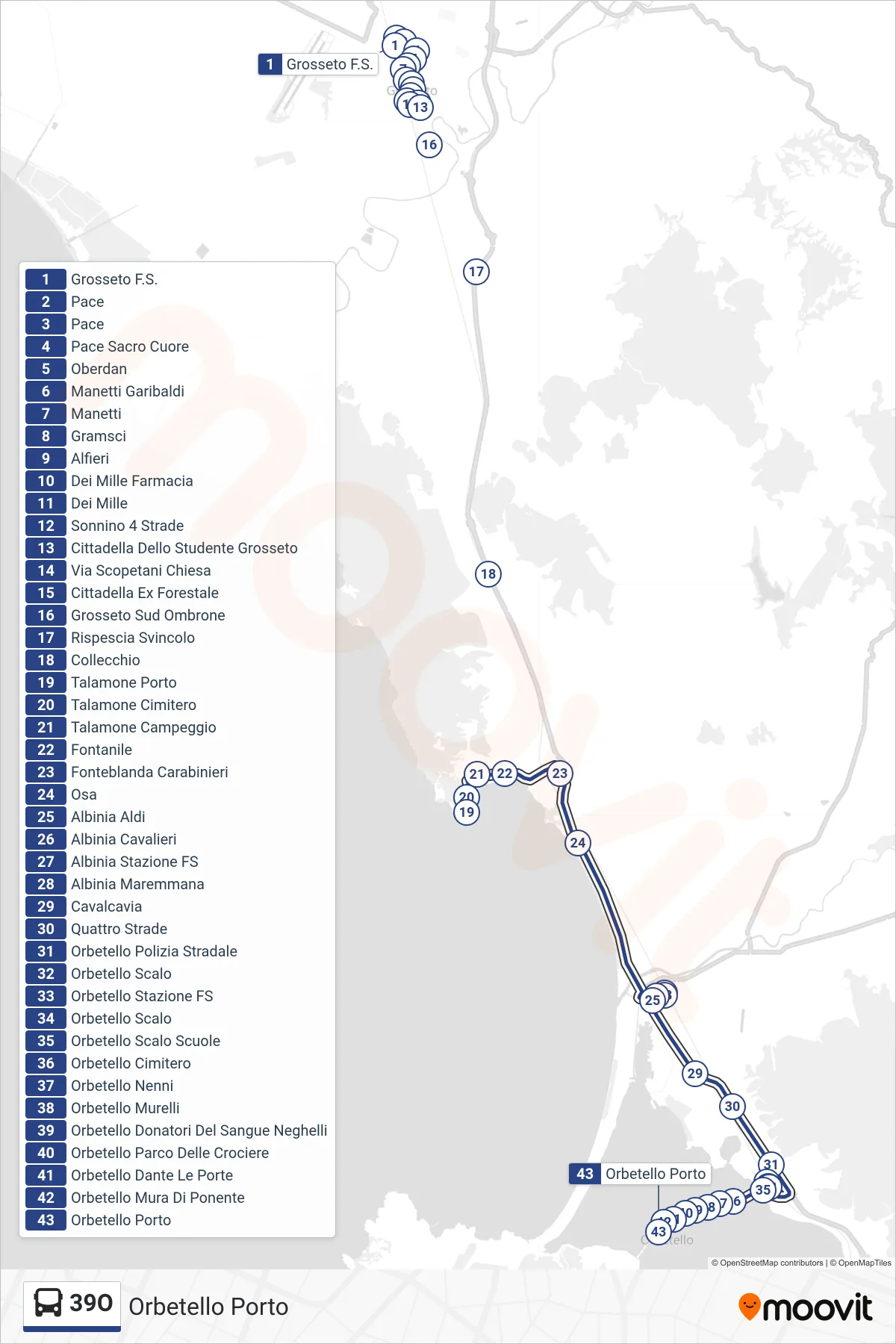 Linea 39O bus (Orbetello Porto) - Percorsi e fermate sulla mappa
