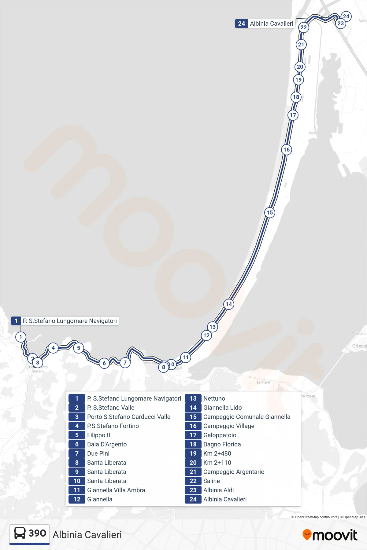 Linea 39O bus (Albinia Cavalieri) - Percorsi e fermate sulla mappa