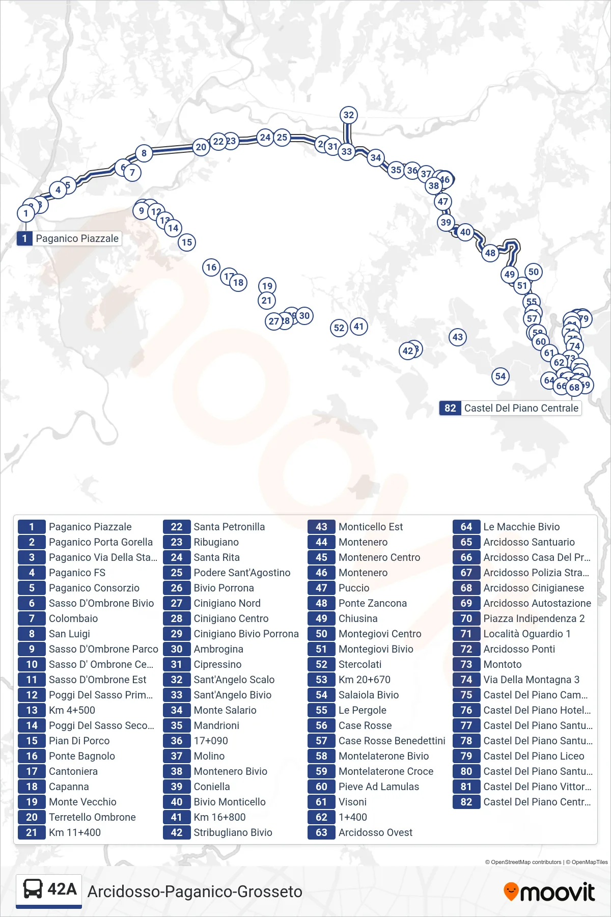 Linea 42A  bus (Castel Del Piano Centrale) - Percorsi e fermate sulla mappa