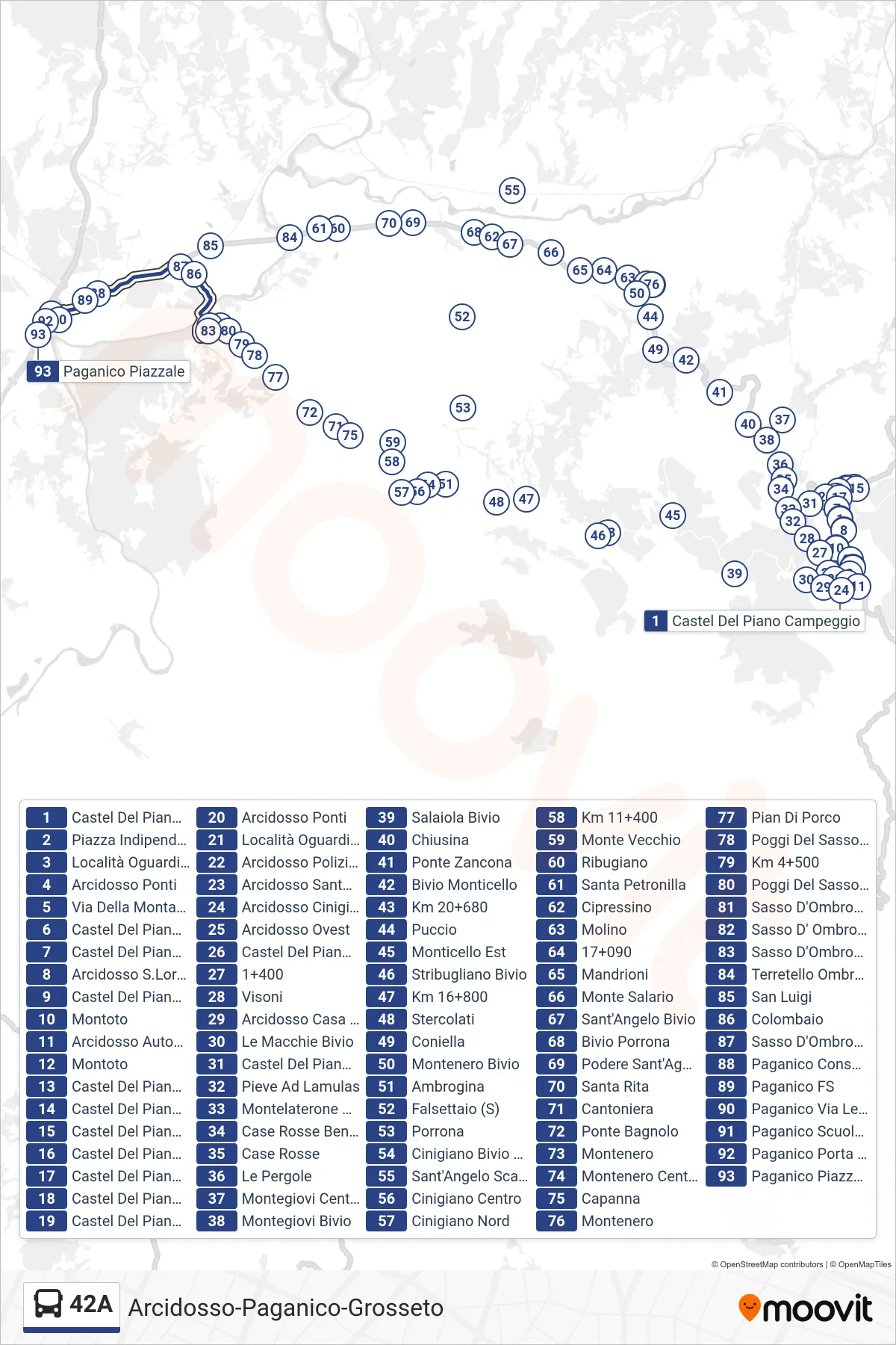 Linea 42A bus (Paganico Piazzale) - Percorsi e fermate sulla mappa