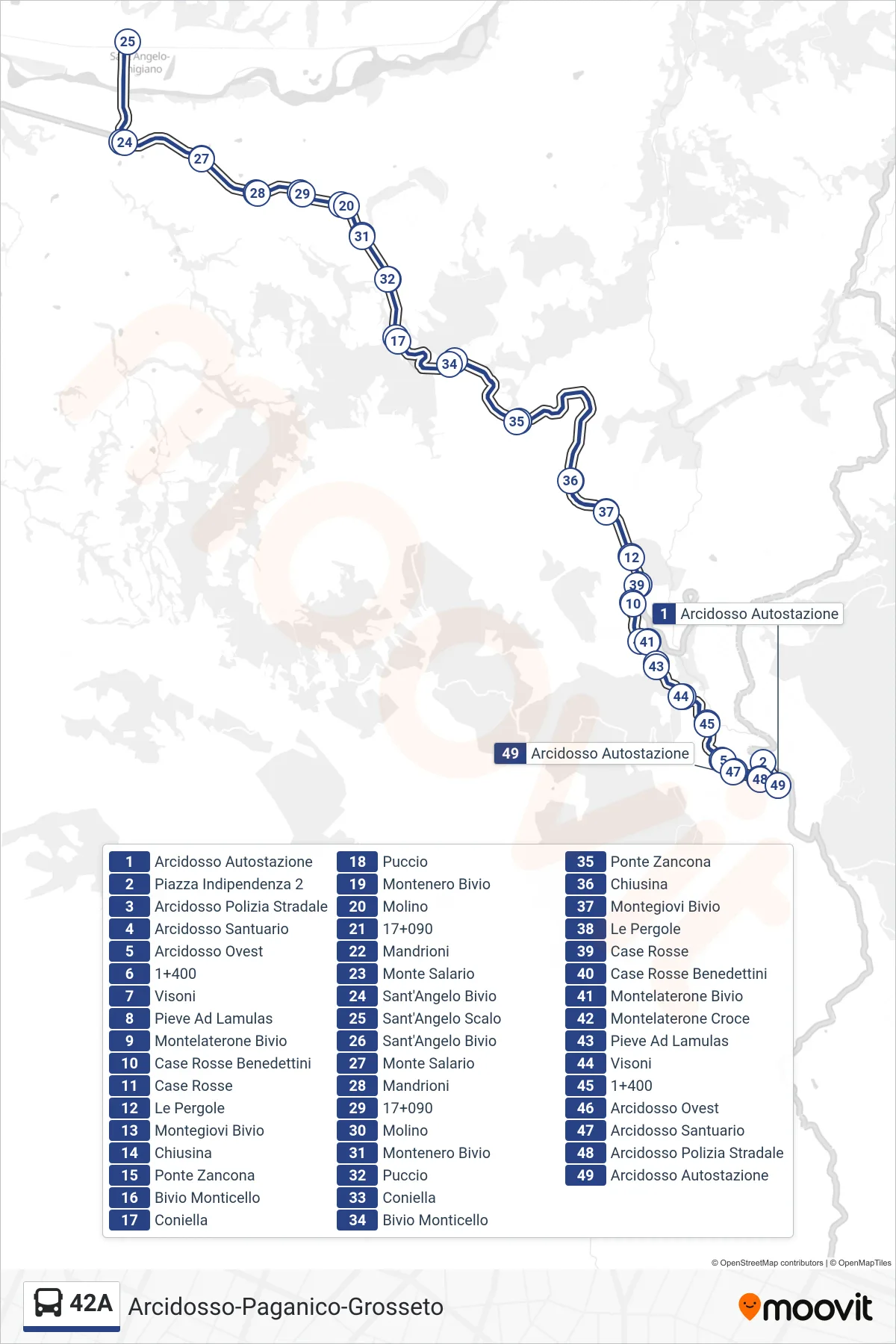 Linea 42A  bus (Arcidosso Autostazione) - Percorsi e fermate sulla mappa