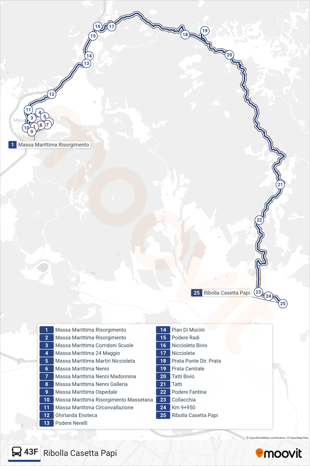 Linea 43F bus (Ribolla Casetta Papi) - Percorsi e fermate sulla mappa