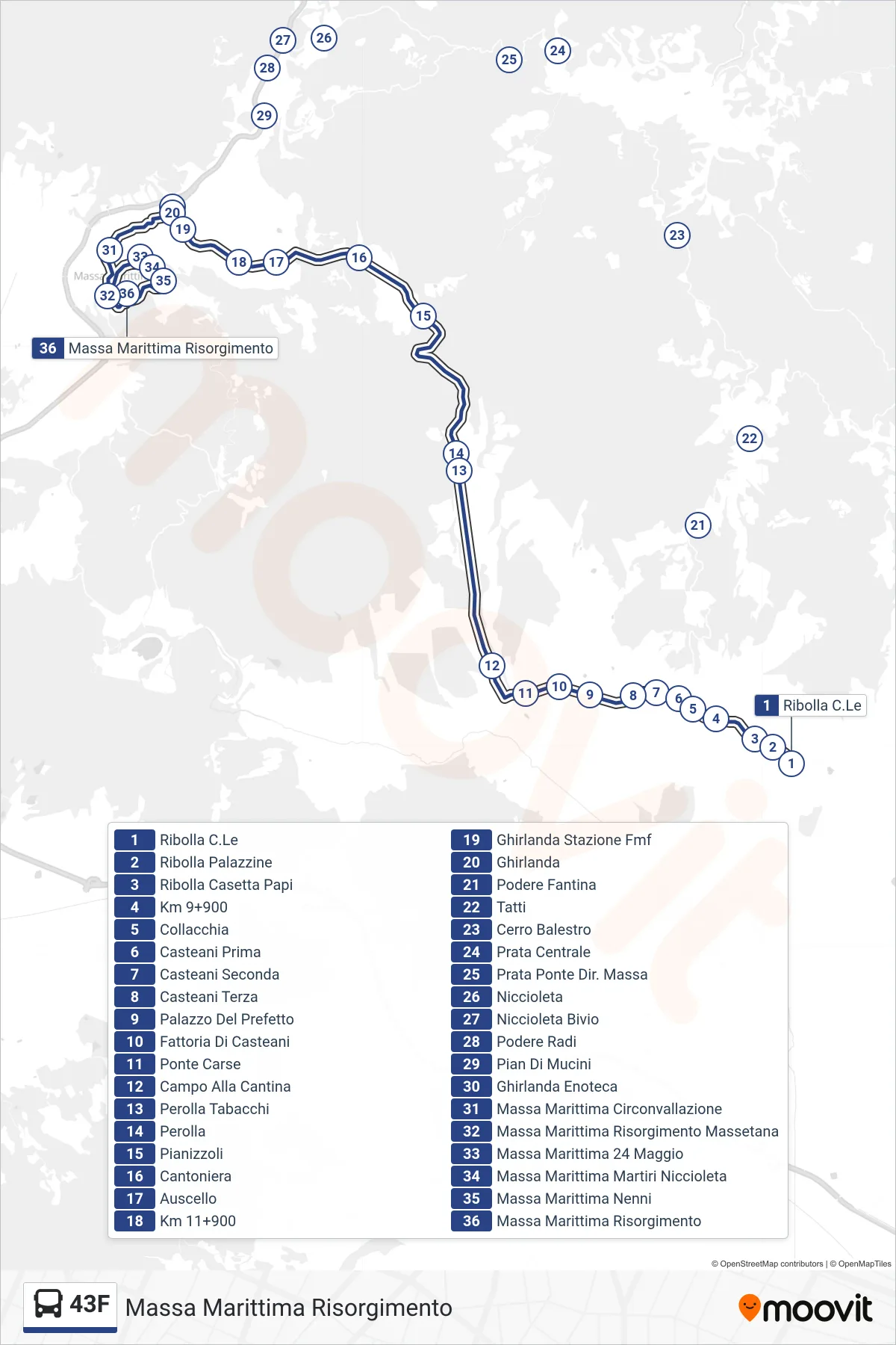 Linea 43F bus (Massa Marittima Risorgimento) - Percorsi e fermate sulla mappa