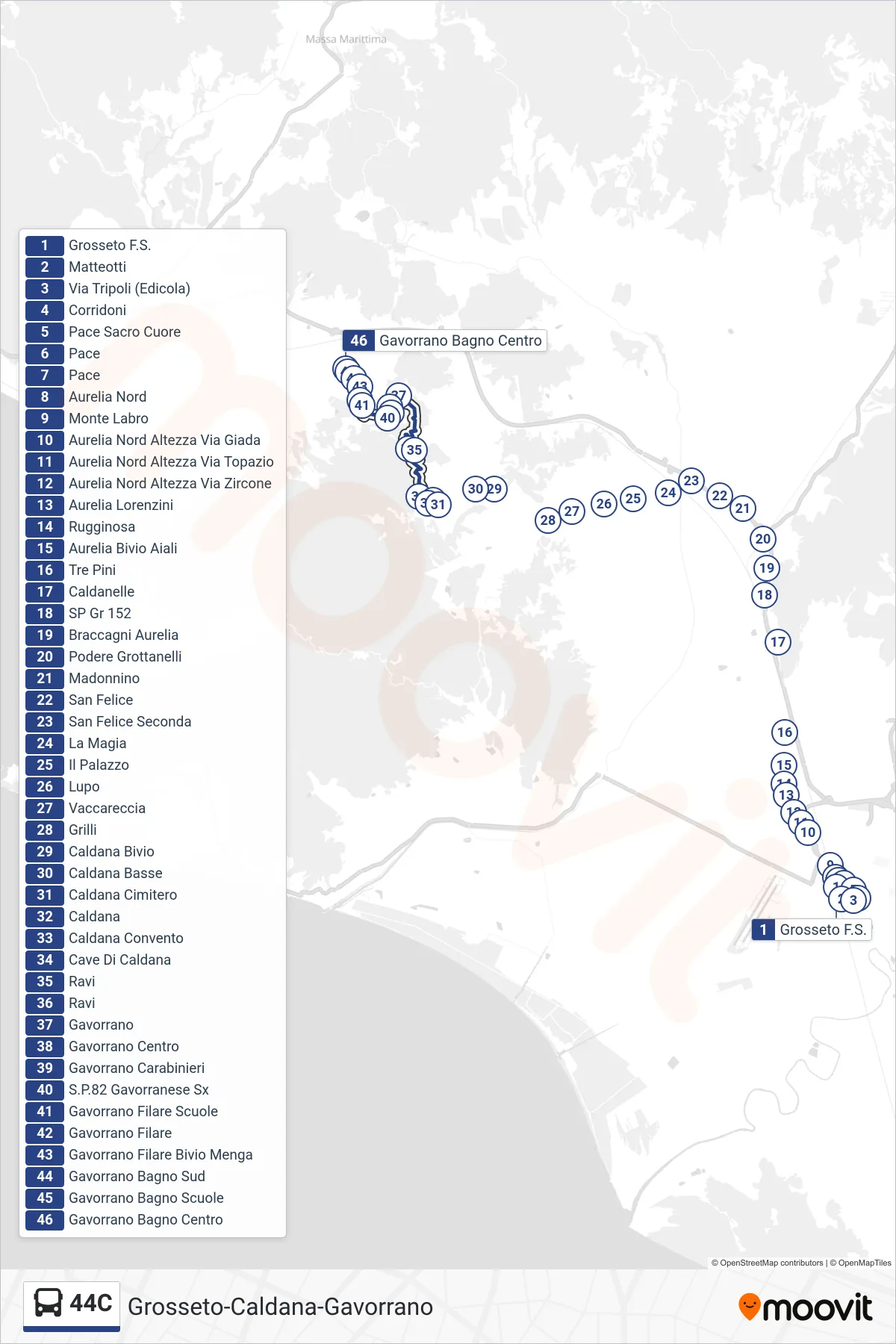 Linea 44C  bus (Gavorrano Bagno Centro) - Percorsi e fermate sulla mappa