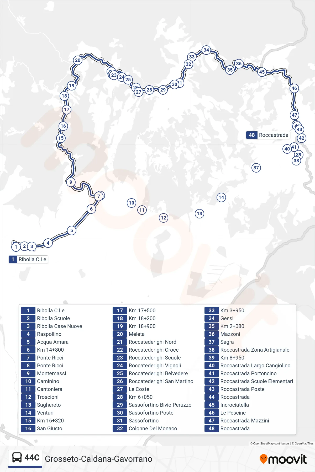 Linea 44C bus (Roccastrada) - Percorsi e fermate sulla mappa
