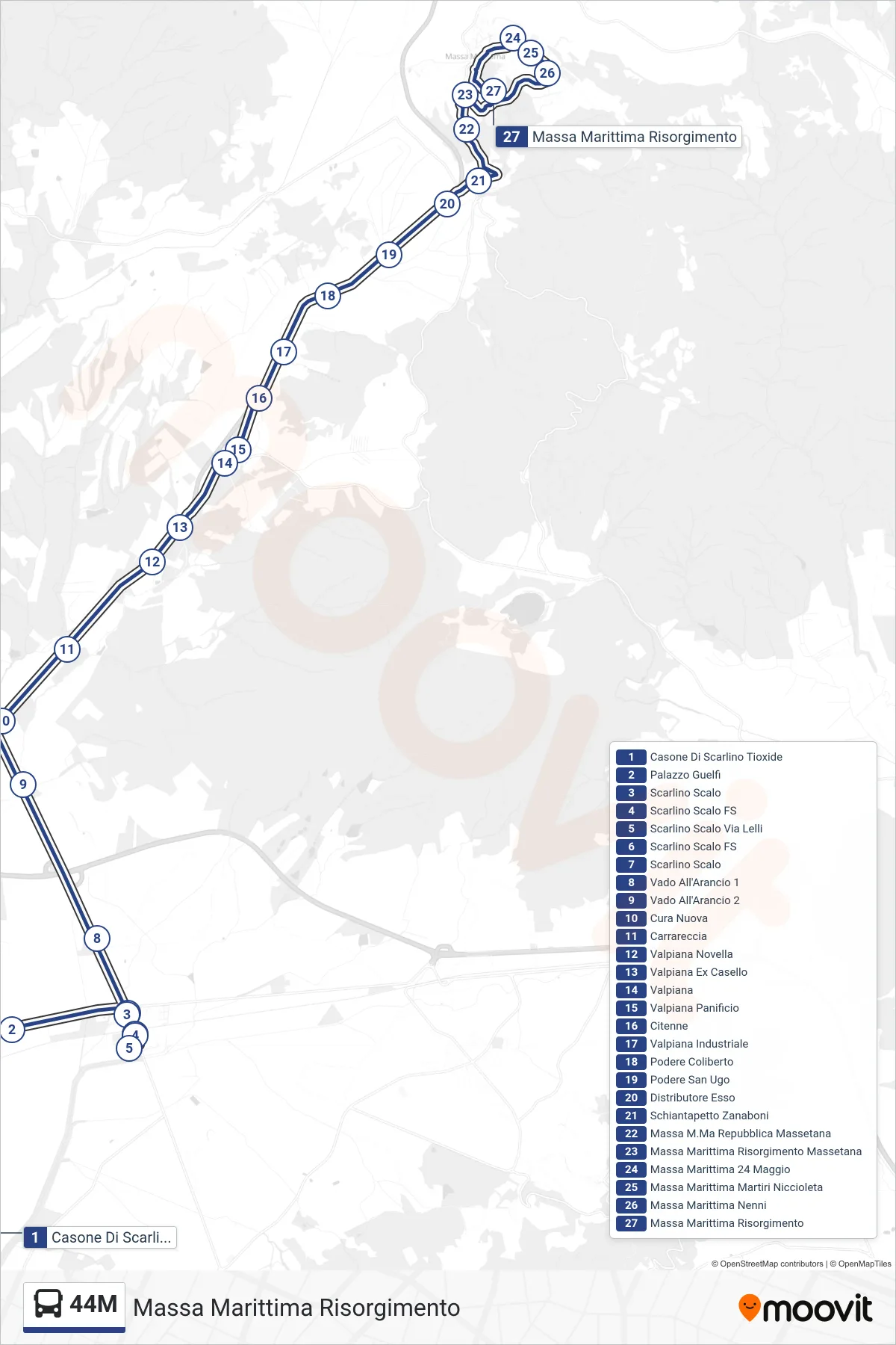 Linea 44M  bus (Massa Marittima Risorgimento) - Percorsi e fermate sulla mappa