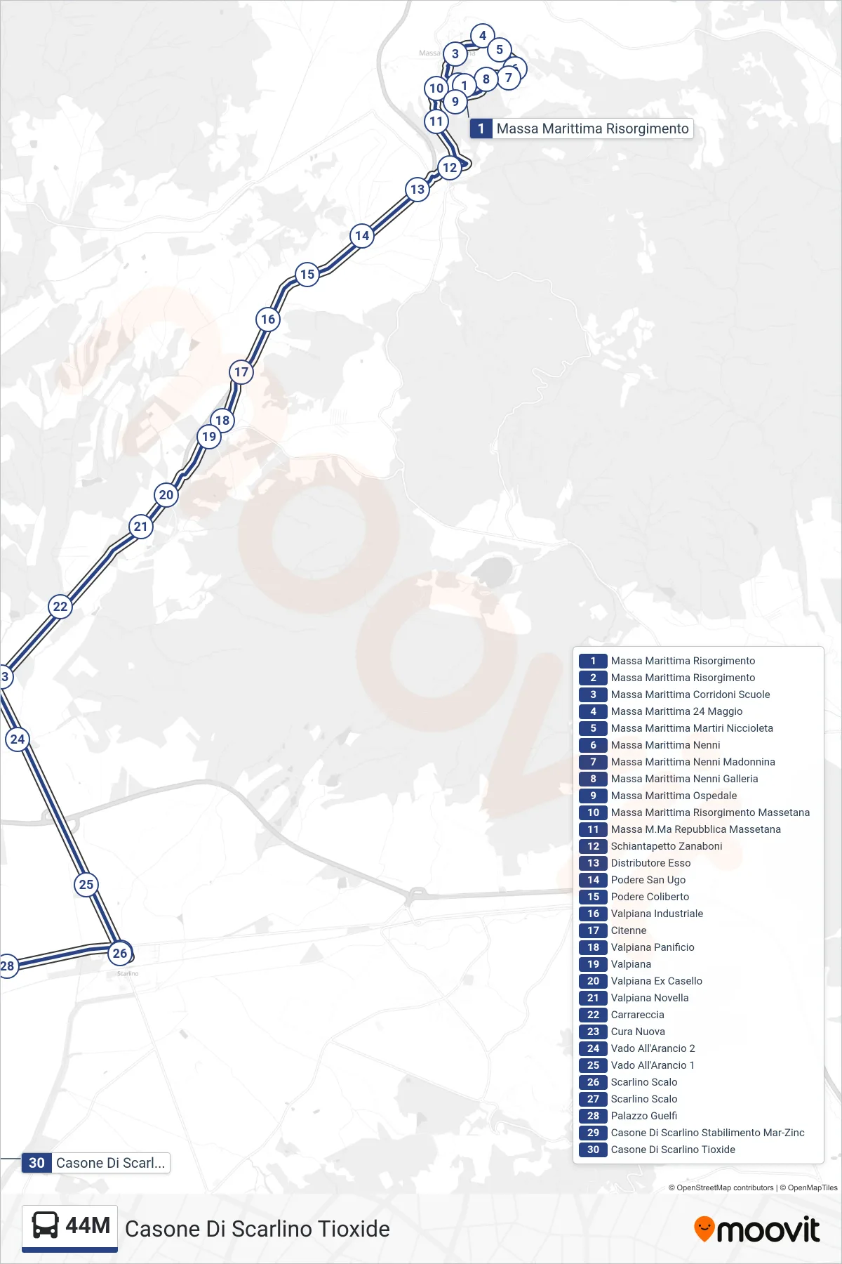 Linea 44M  bus (Casone Di Scarlino Tioxide) - Percorsi e fermate sulla mappa