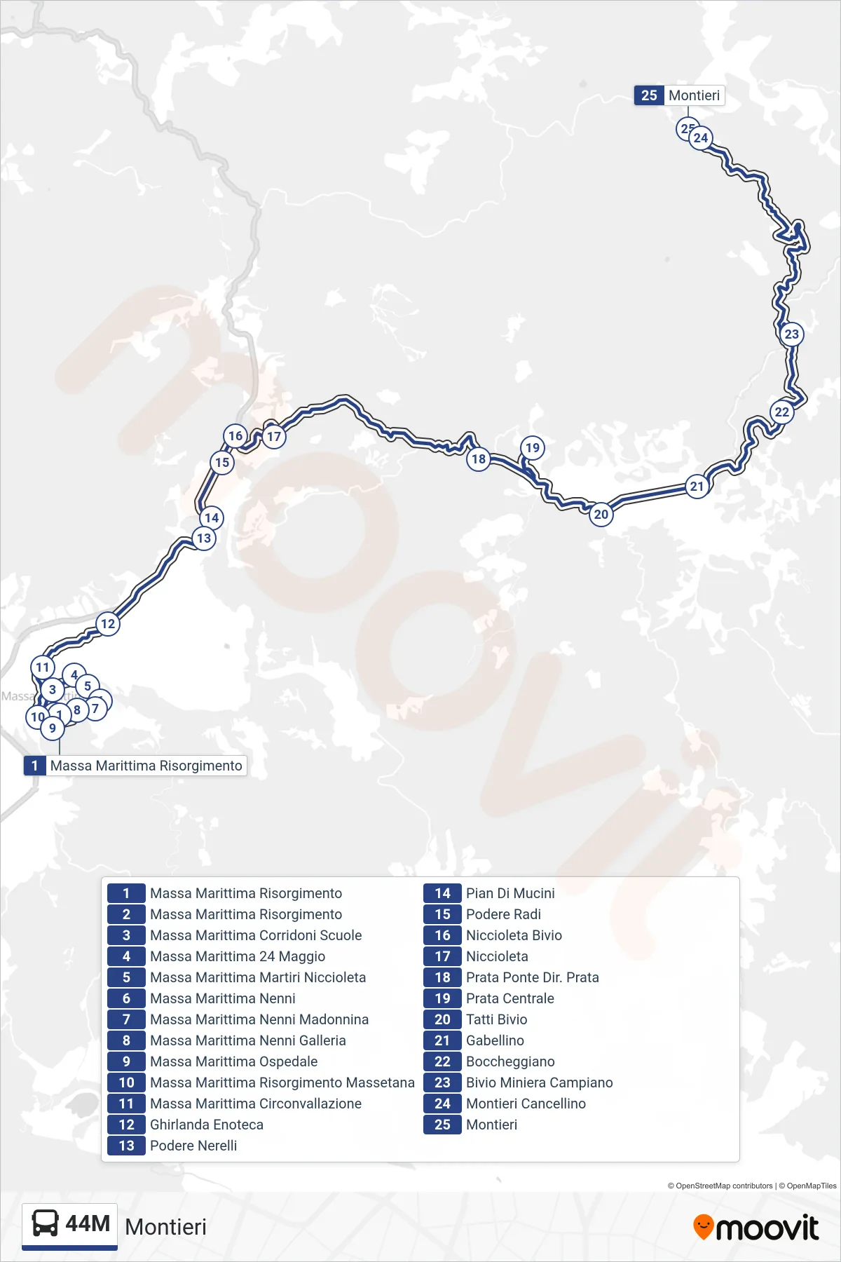 Linea 44M bus (Montieri) - Percorsi e fermate sulla mappa