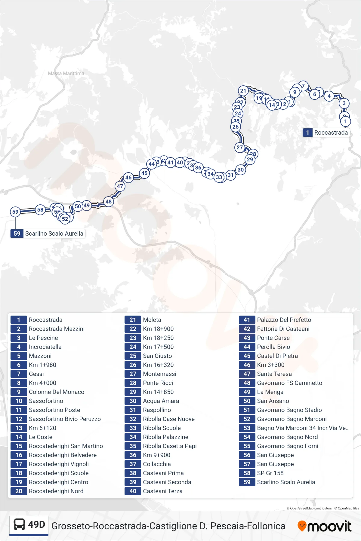 Linea 49D  bus (Scarlino Scalo Aurelia) - Percorsi e fermate sulla mappa