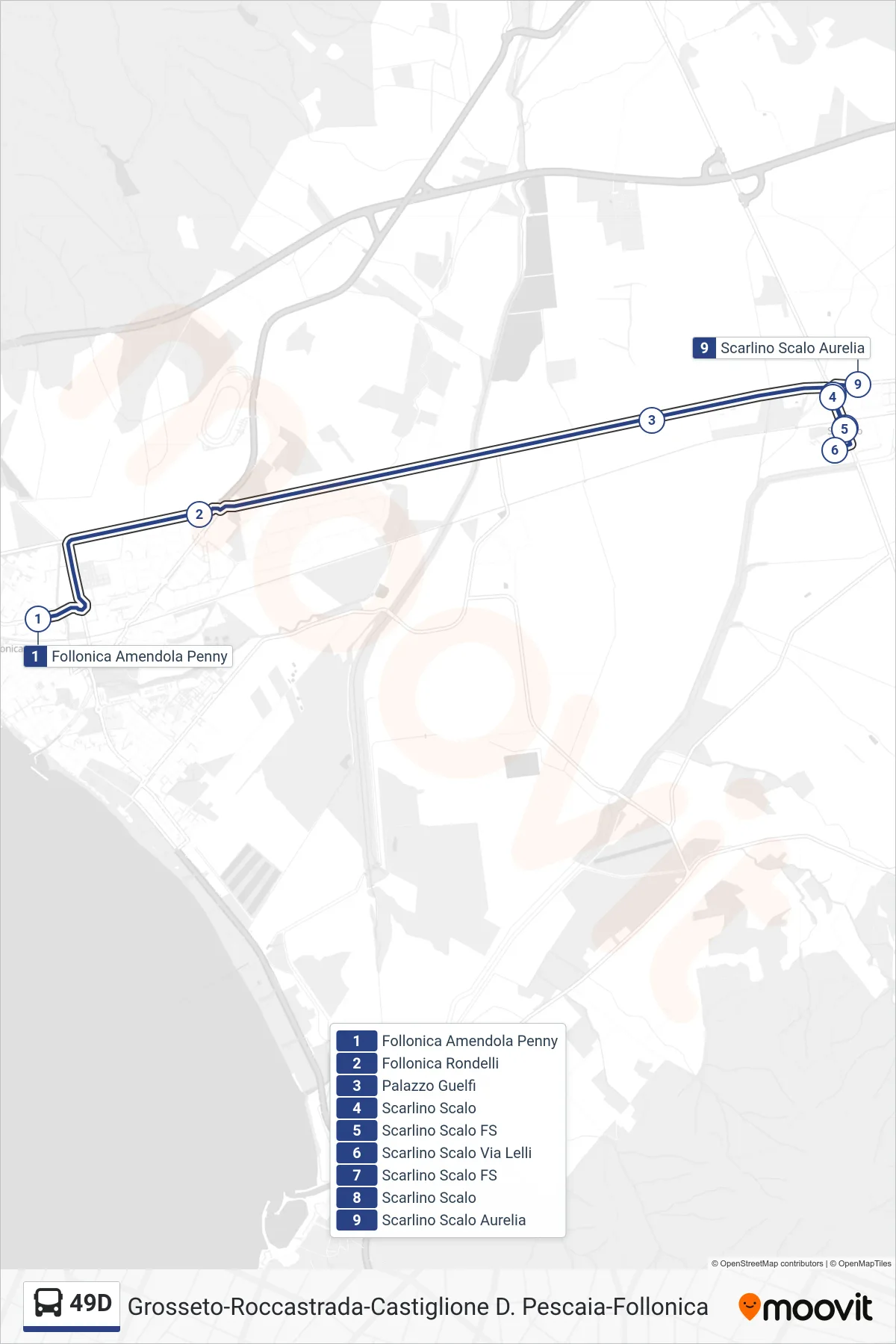 Linea 49D  bus (Scarlino Scalo Aurelia) - Percorsi e fermate sulla mappa