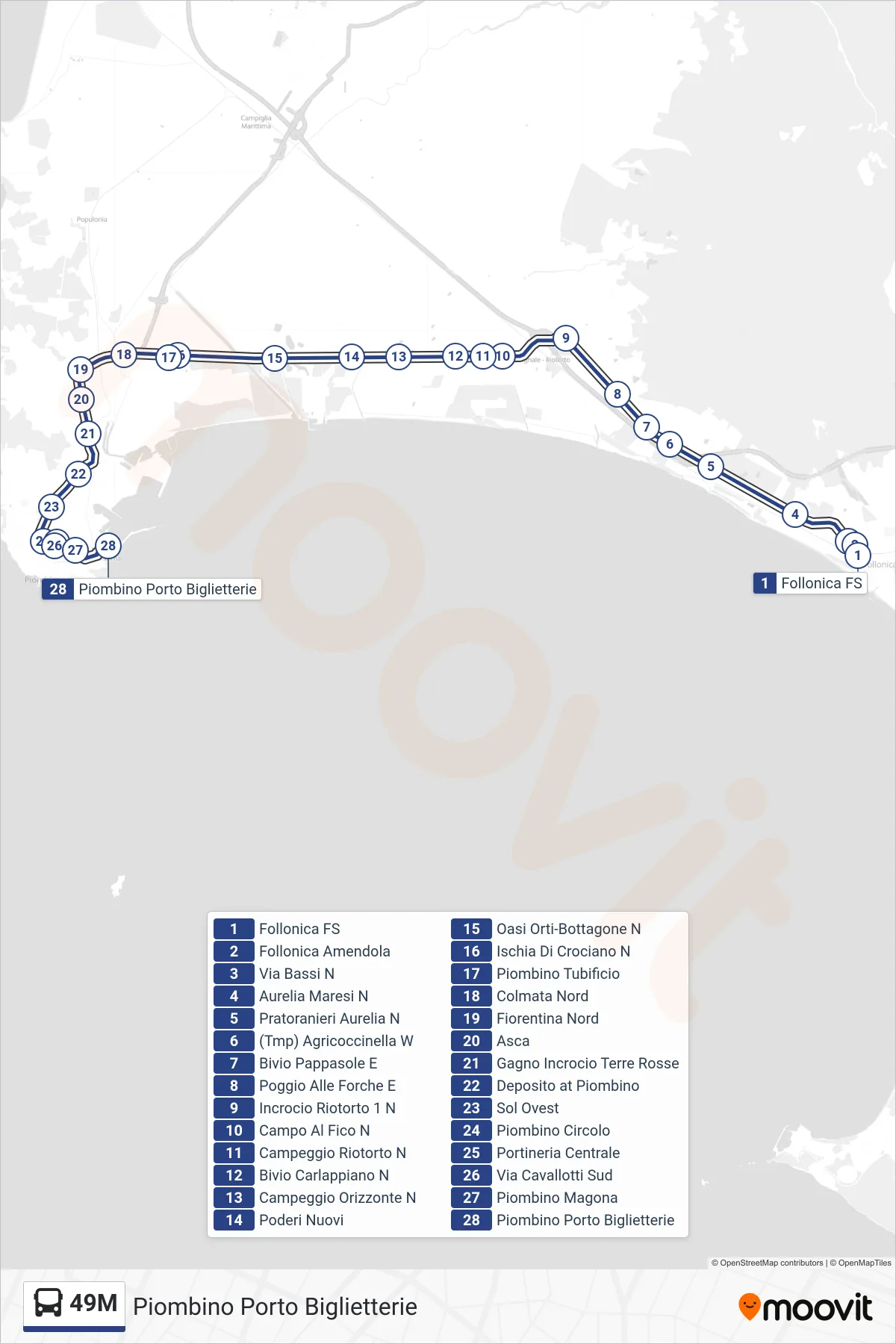 Linea 49M bus (Piombino Porto Biglietterie) - Percorsi e fermate sulla mappa