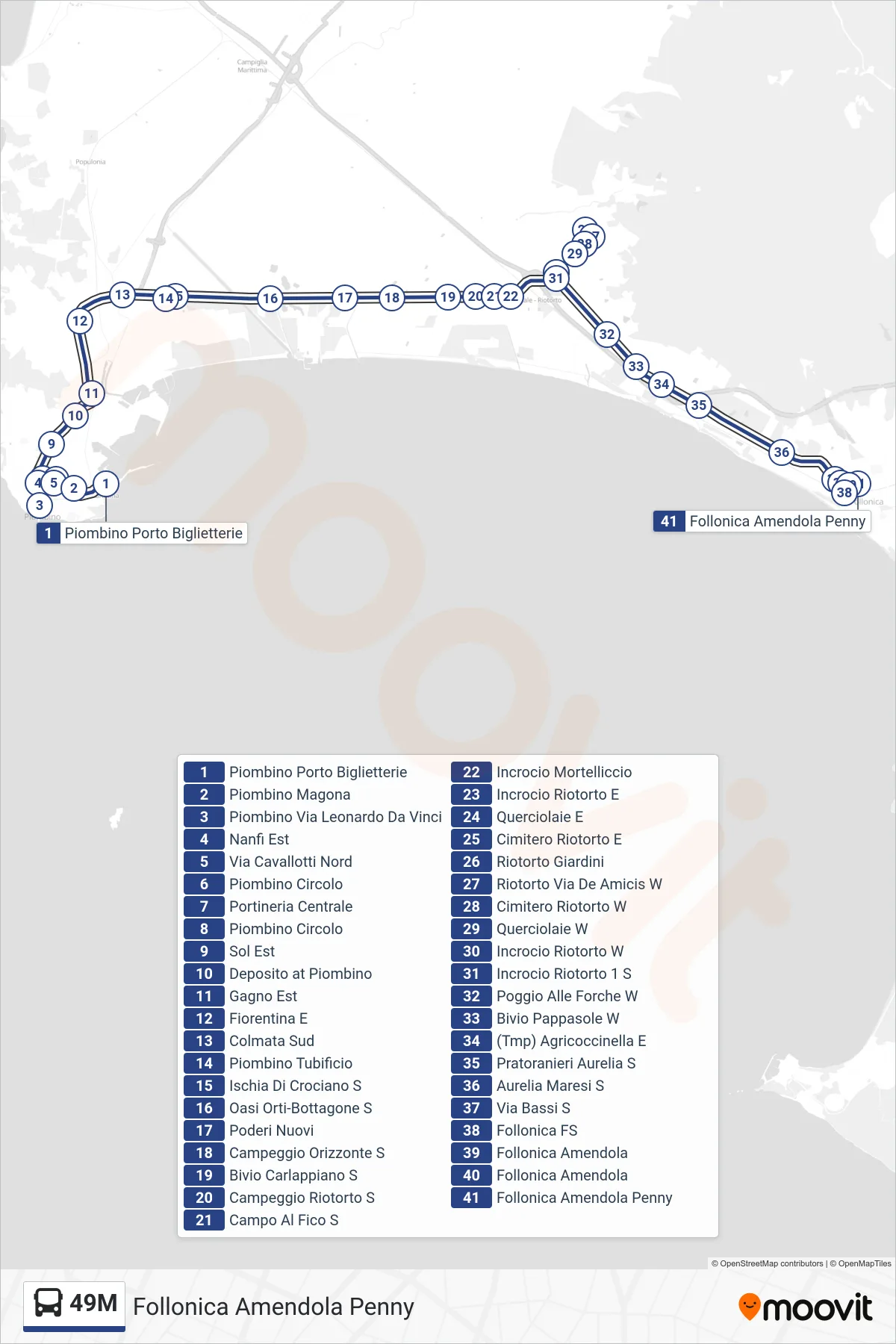 Linea 49M bus (Follonica Amendola Penny) - Percorsi e fermate sulla mappa