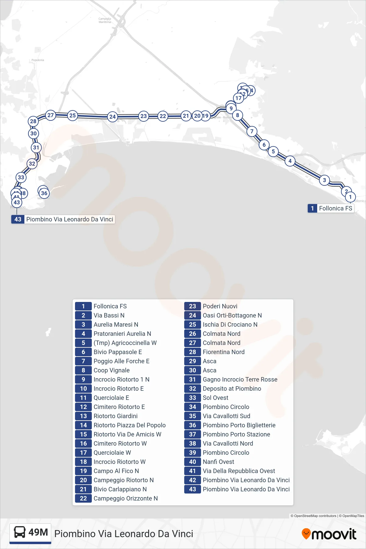Linea 49M bus (Piombino Via Leonardo Da Vinci) - Percorsi e fermate sulla mappa