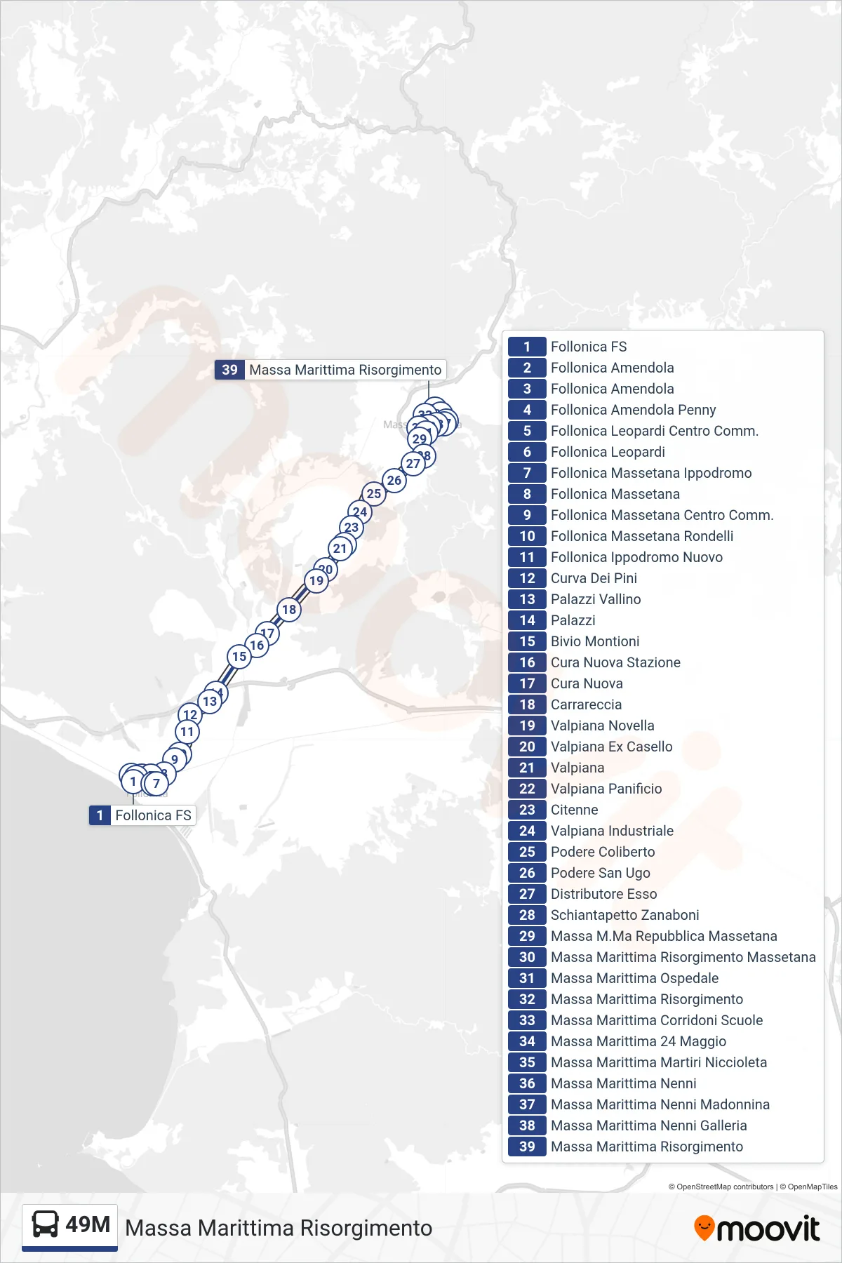 Linea 49M  bus (Massa Marittima Risorgimento) - Percorsi e fermate sulla mappa