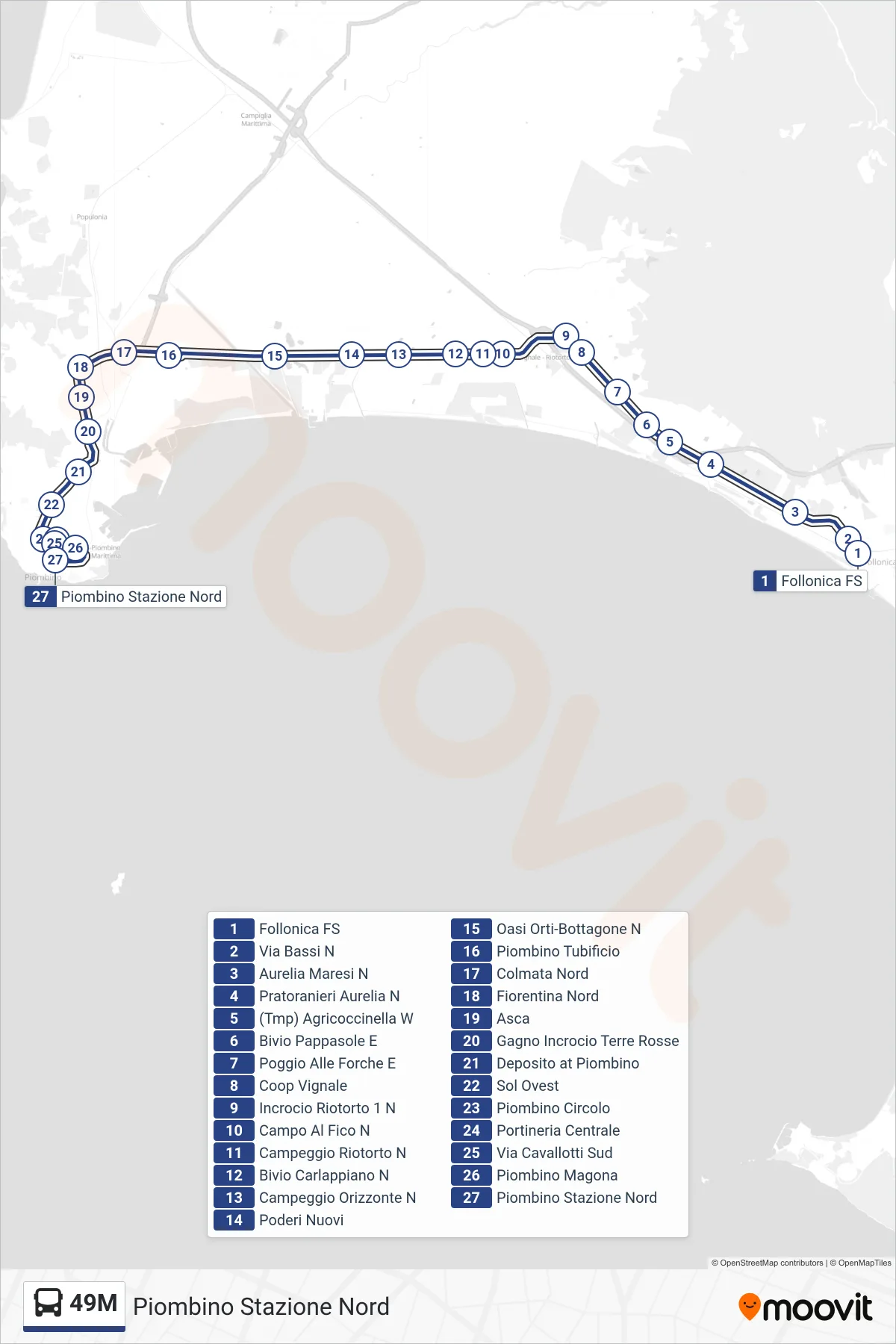 Linea 49M bus (Piombino Stazione Nord) - Percorsi e fermate sulla mappa