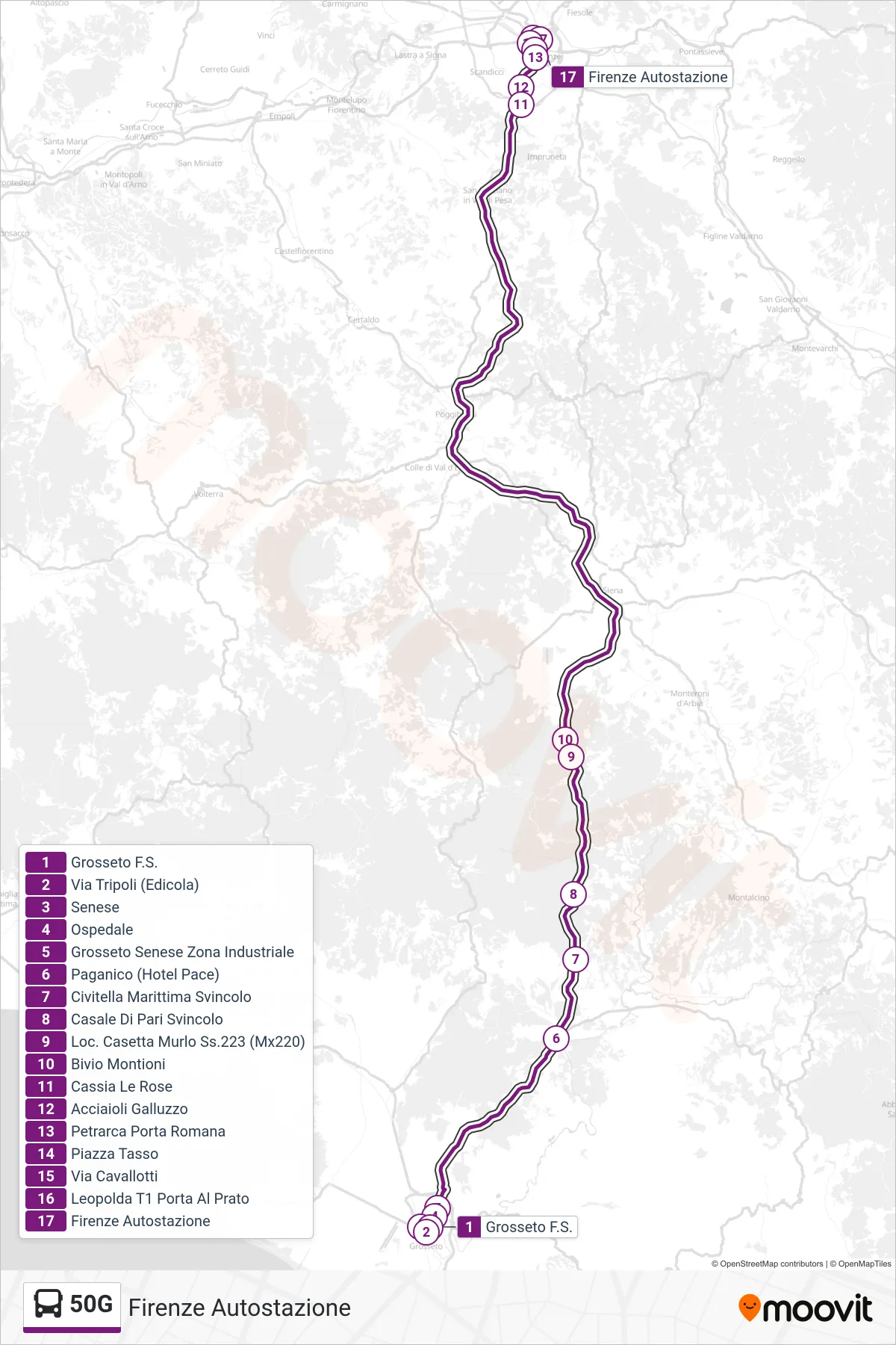 Linea 50G bus (Firenze Autostazione) - Percorsi e fermate sulla mappa