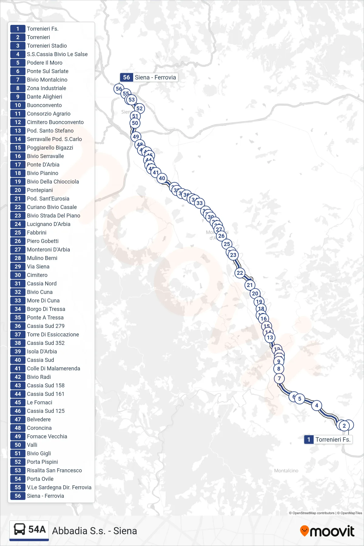 Linea 54A bus (Ferrovia) - Percorsi e fermate sulla mappa