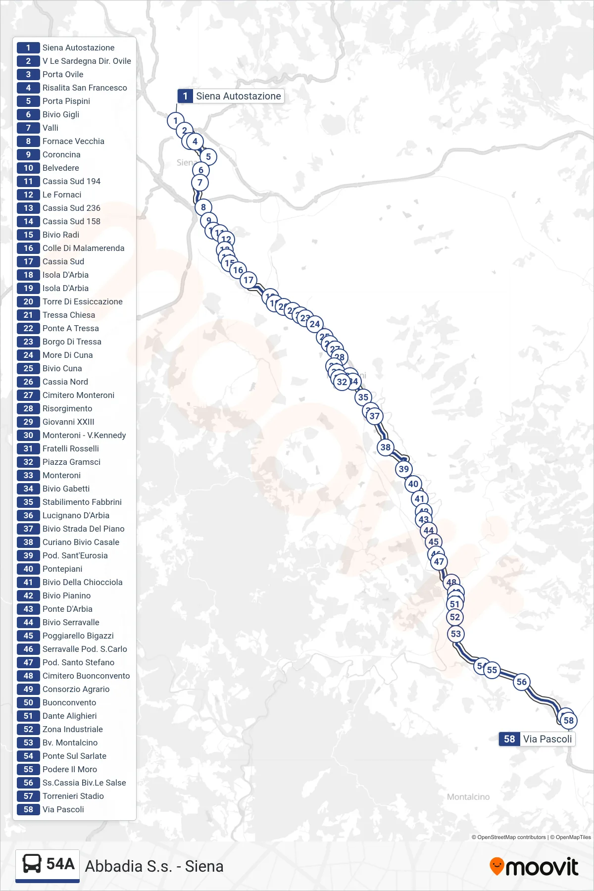 Linea 54A bus (Via Pascoli) - Percorsi e fermate sulla mappa