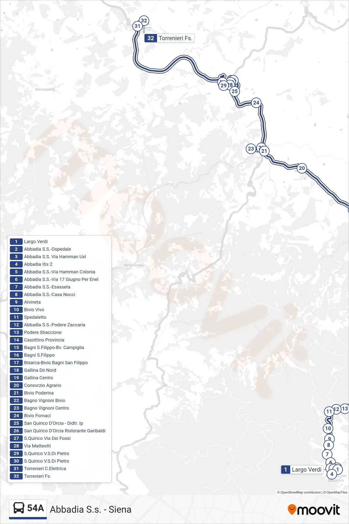 Linea 54A  bus (Torrenieri Fs.) - Percorsi e fermate sulla mappa