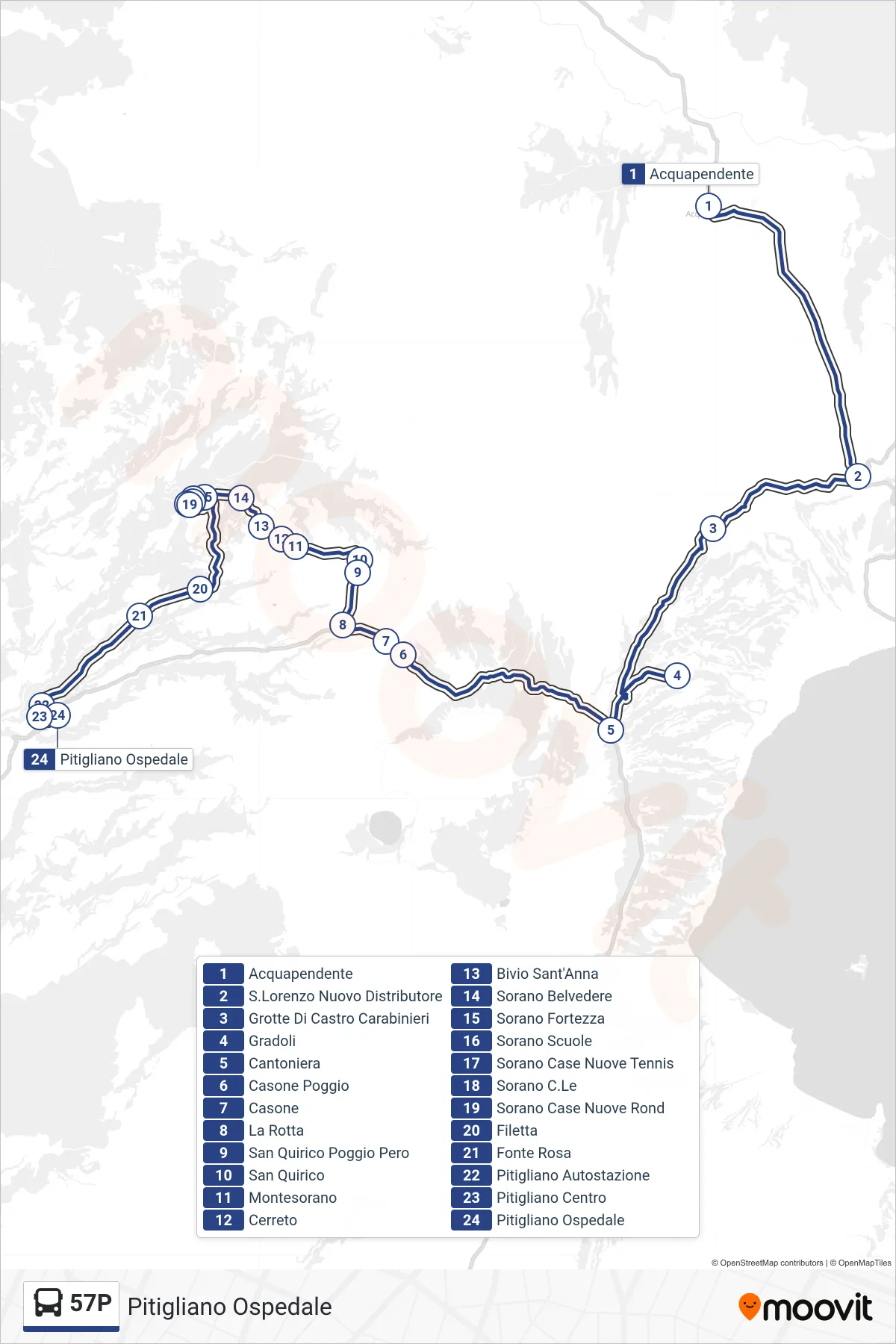 Linea 57P bus (Pitigliano Ospedale) - Percorsi e fermate sulla mappa