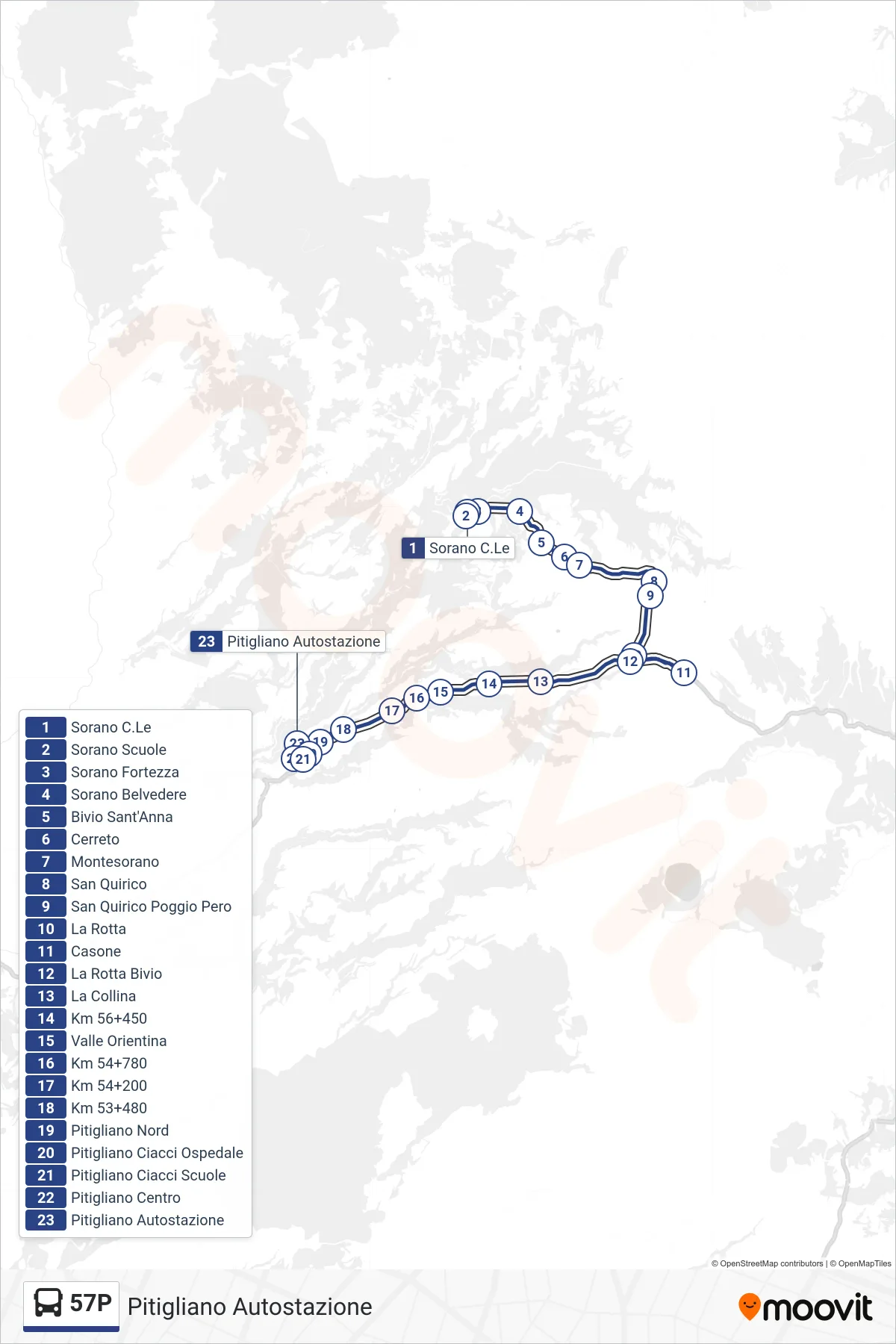 Linea 57P bus (Pitigliano Autostazione) - Percorsi e fermate sulla mappa