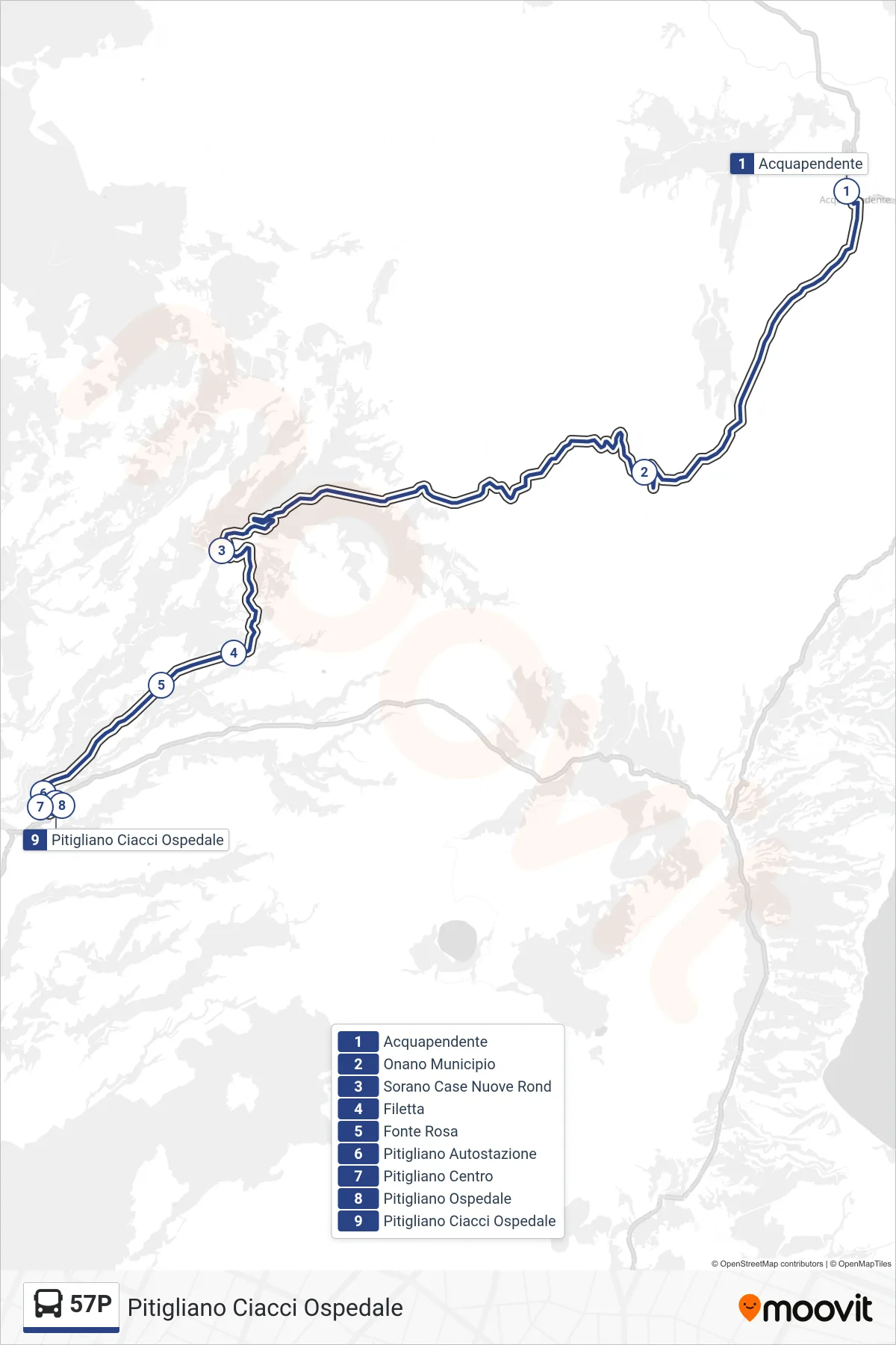 Linea 57P bus (Pitigliano Ciacci Ospedale) - Percorsi e fermate sulla mappa