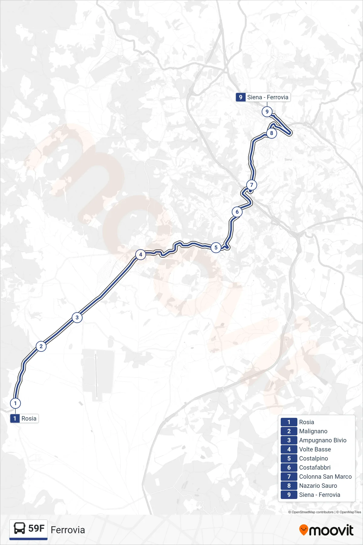 Linea 59F bus (Ferrovia) - Percorsi e fermate sulla mappa