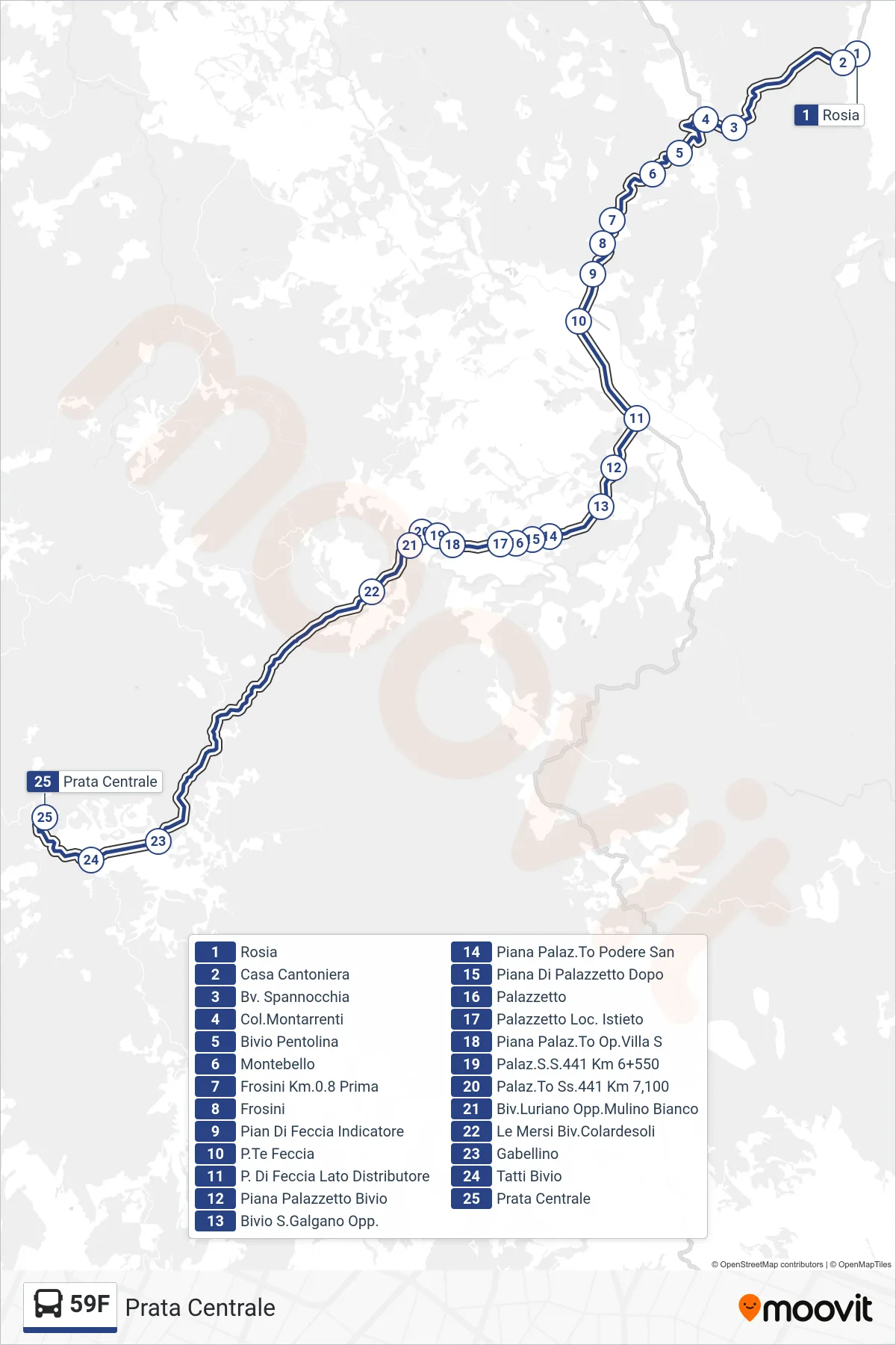 Linea 59F  bus (Prata Centrale) - Percorsi e fermate sulla mappa