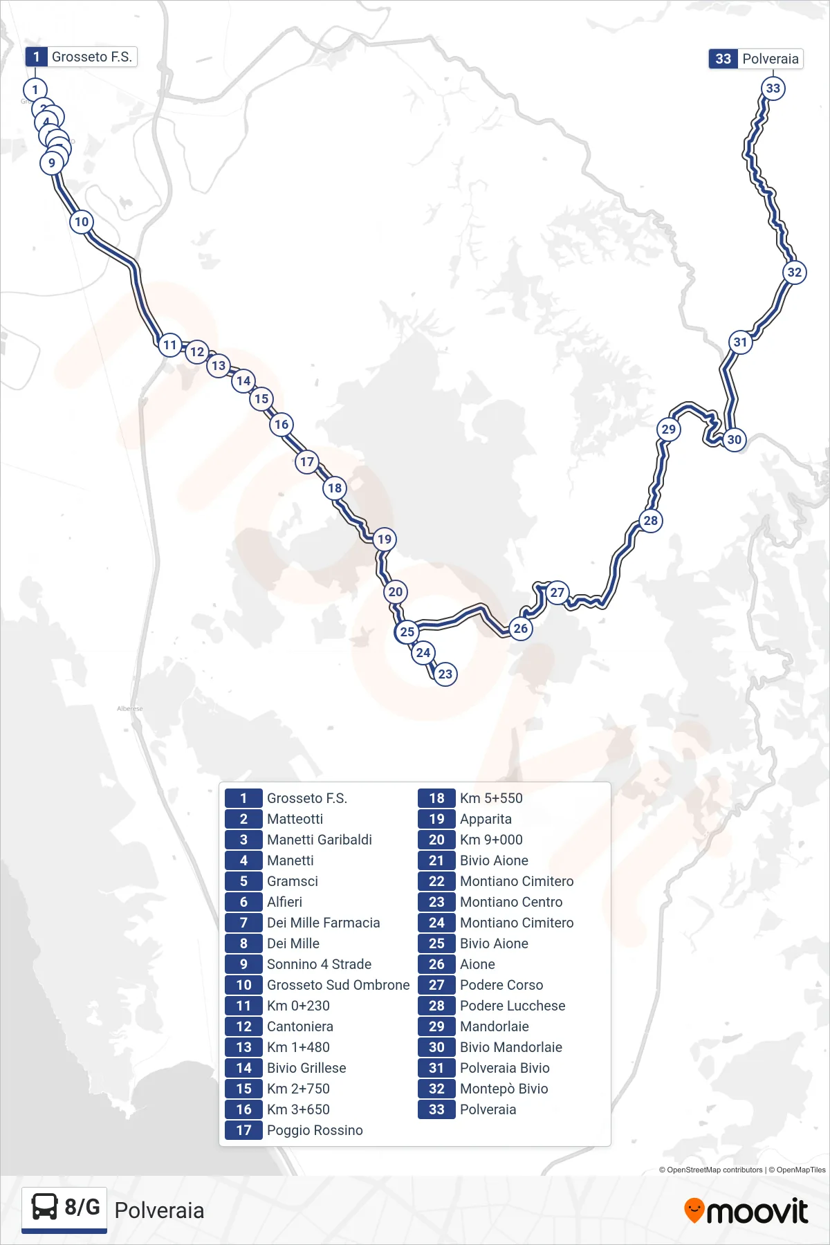 Linea 8/G bus (Polveraia) - Percorsi e fermate sulla mappa