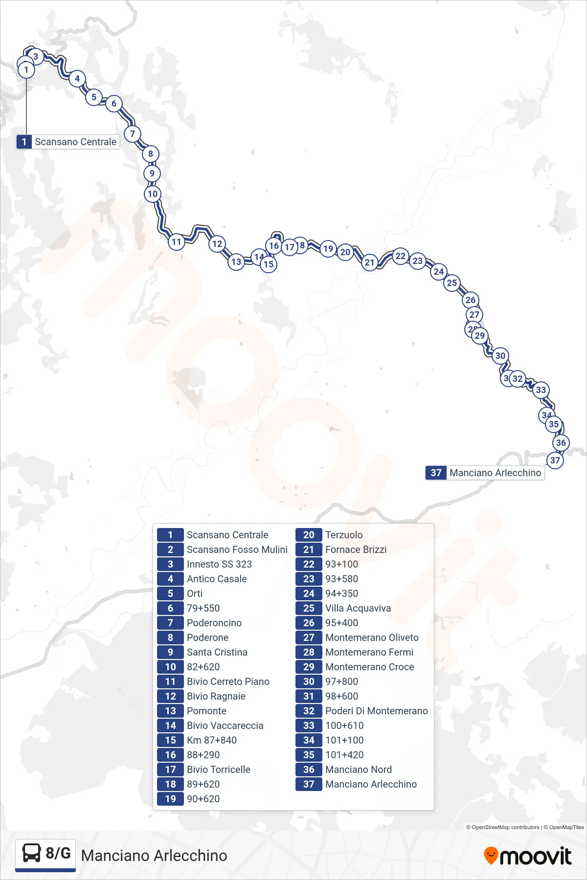 Linea 8/G bus (Manciano Arlecchino) - Percorsi e fermate sulla mappa