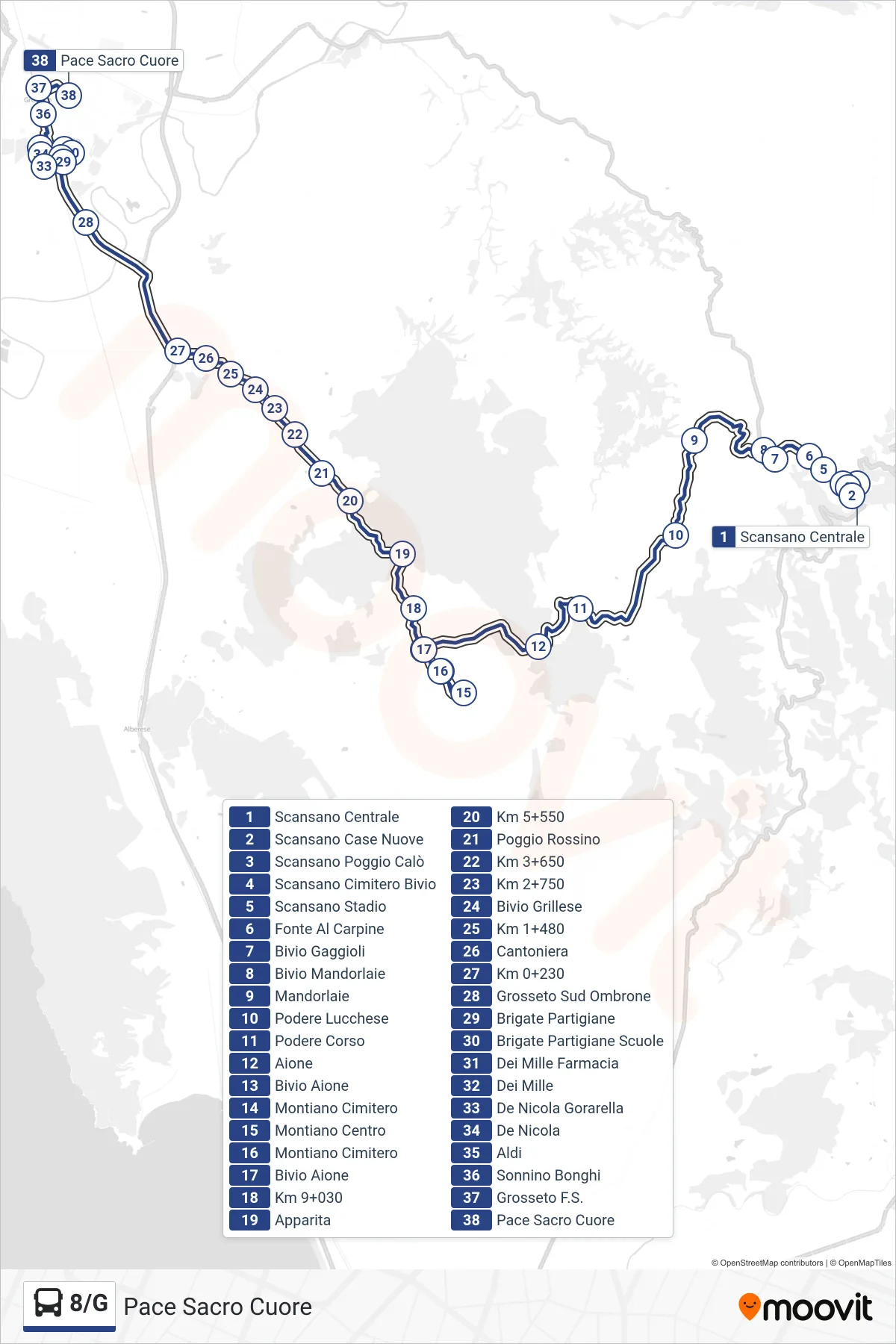 Linea 8/G  bus (Pace Sacro Cuore) - Percorsi e fermate sulla mappa