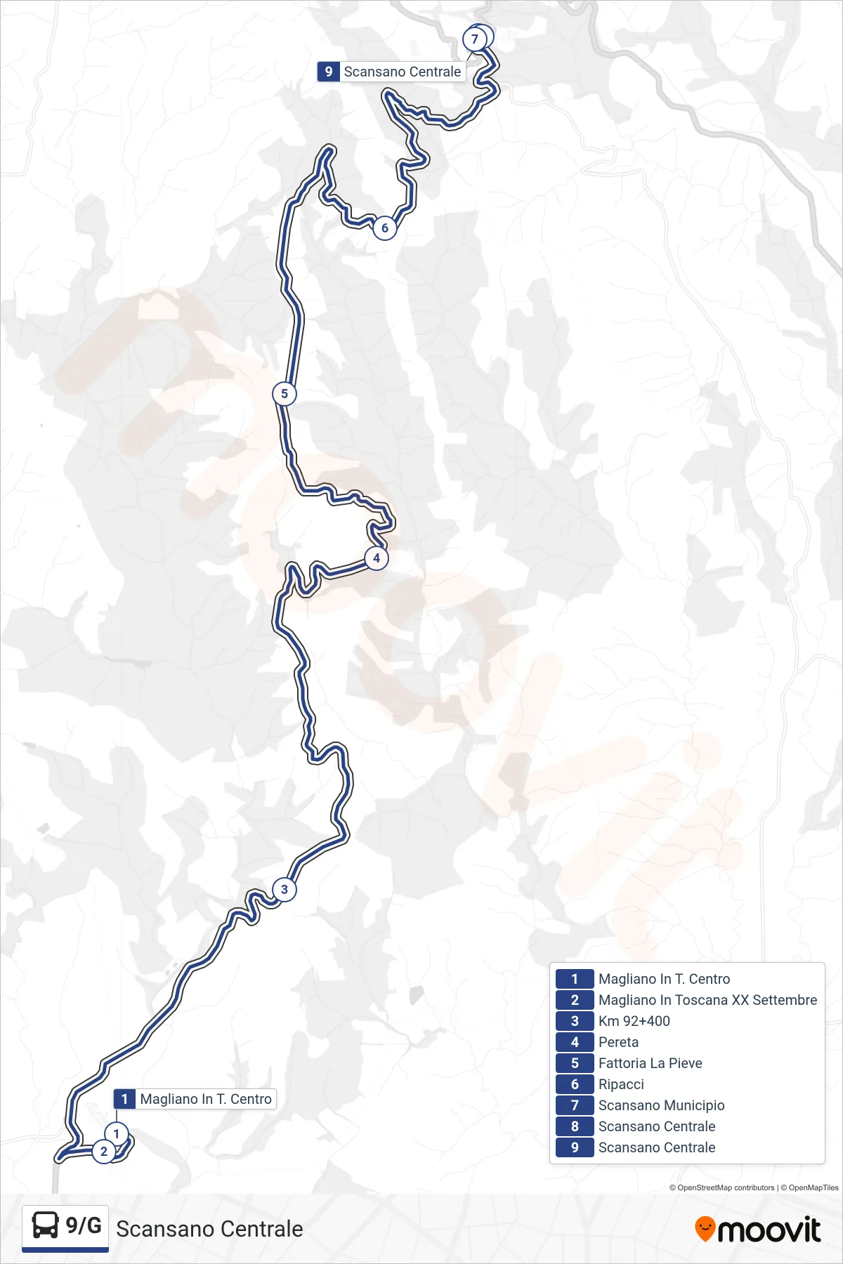 Linea 9/G bus (Scansano Centrale) - Percorsi e fermate sulla mappa
