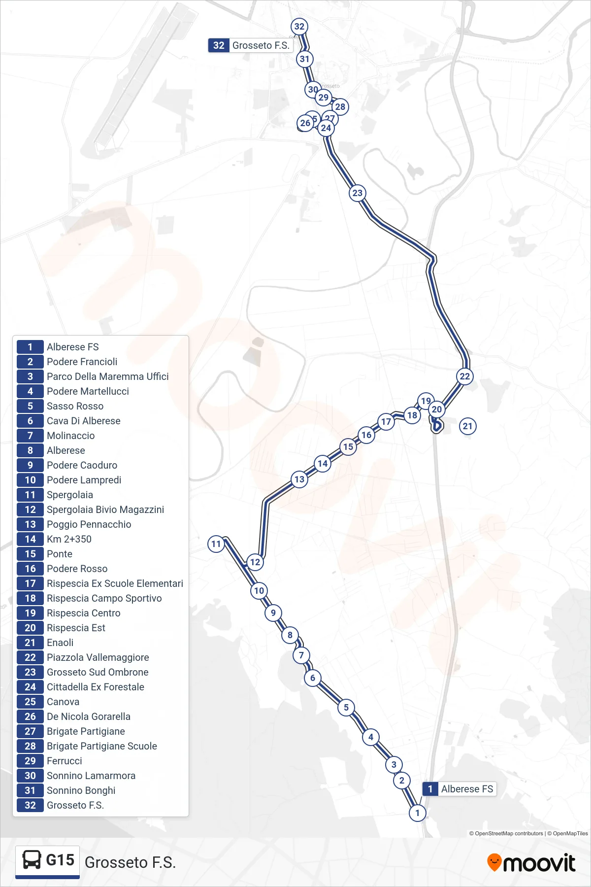 Linea G15 bus (Grosseto F.S.) - Percorsi e fermate sulla mappa