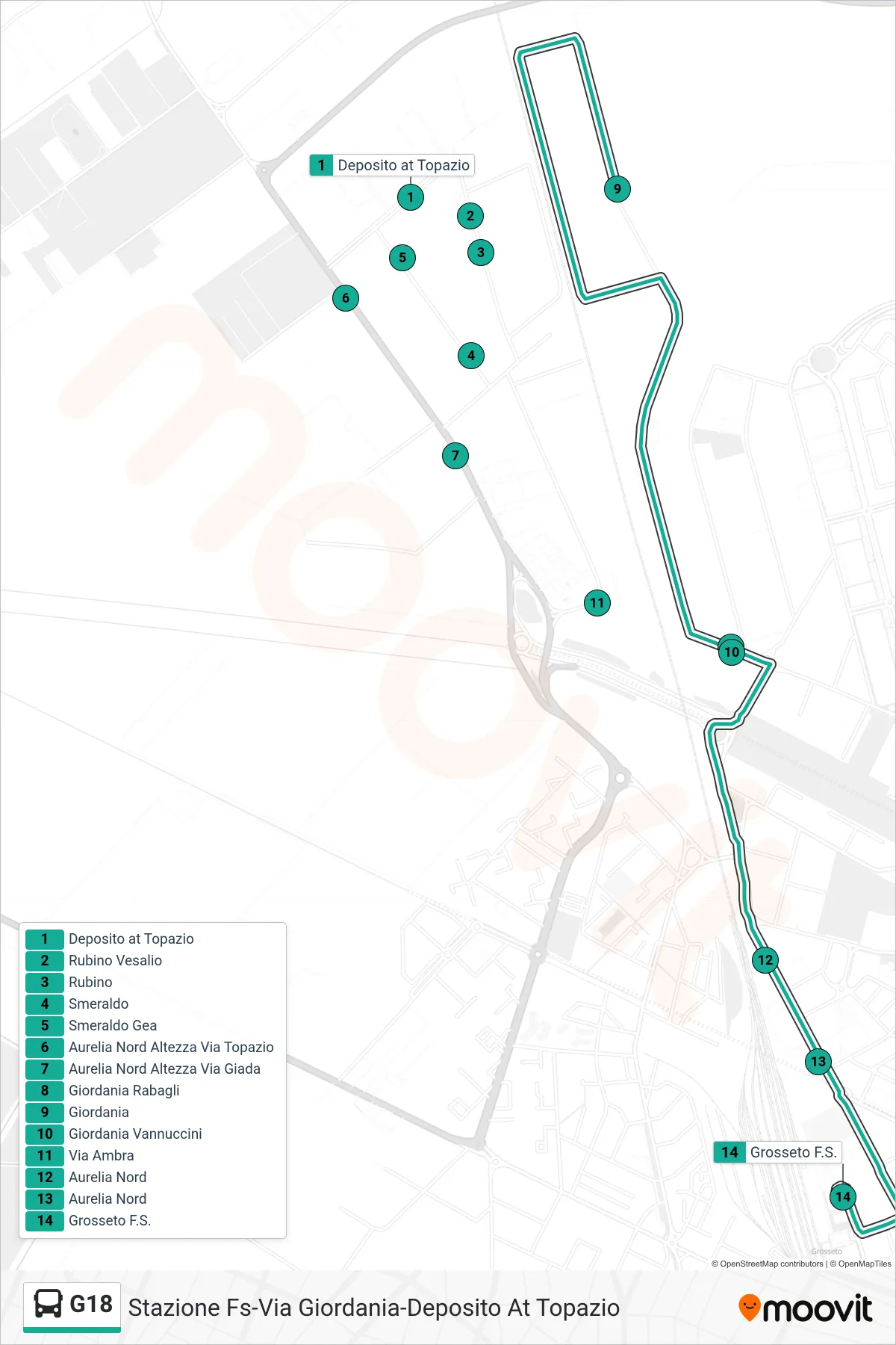 Linea G18 bus (Grosseto F.S.) - Percorsi e fermate sulla mappa