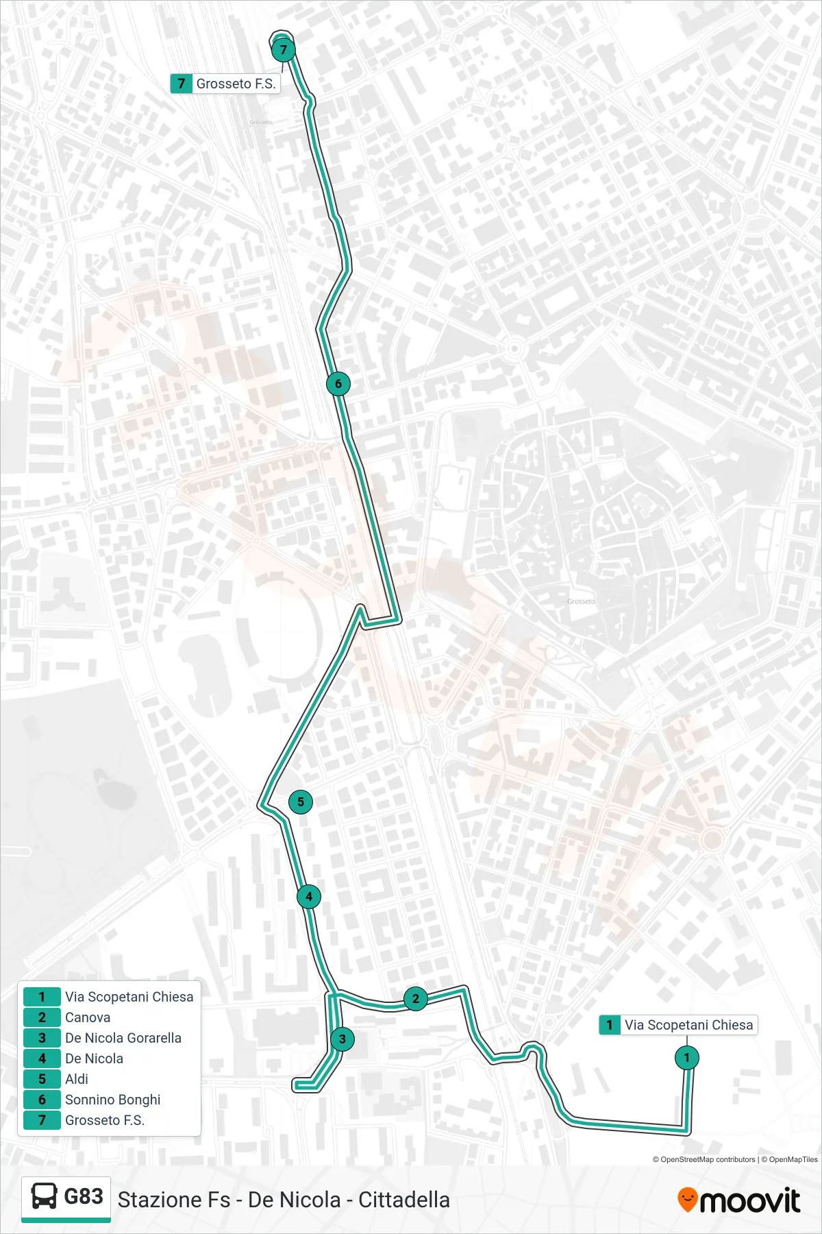 Linea G83 bus (Grosseto F.S.) - Percorsi e fermate sulla mappa