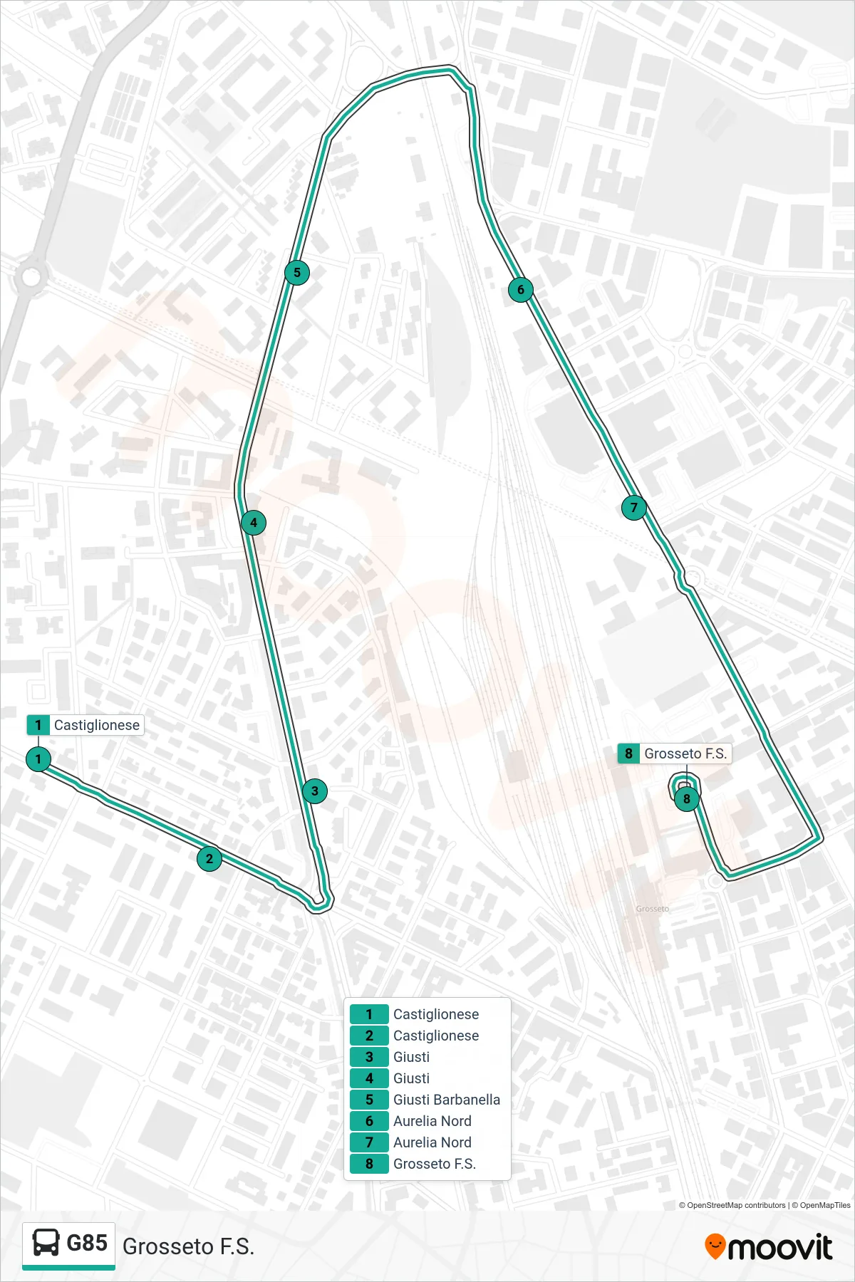 Linea G85  bus (Grosseto F.S.) - Percorsi e fermate sulla mappa