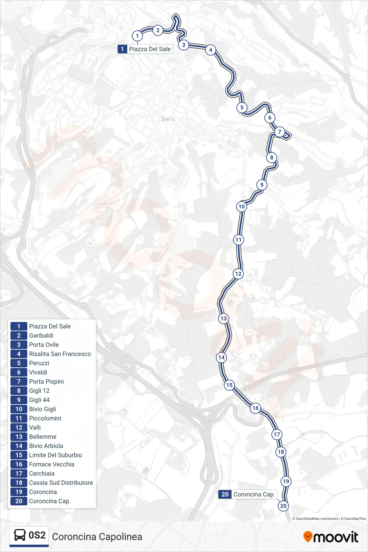 Linea 0S2  bus (Coroncina Capolinea) - Percorsi e fermate sulla mappa