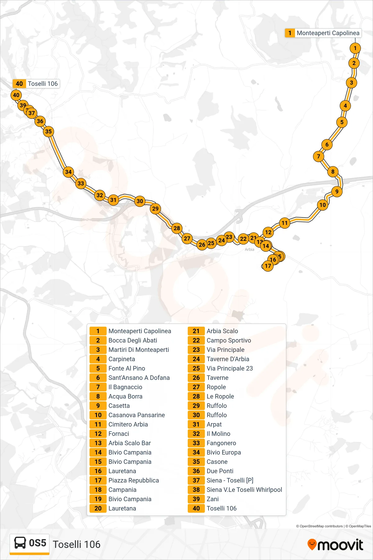 Linea 0S5 bus (Toselli 106) - Percorsi e fermate sulla mappa