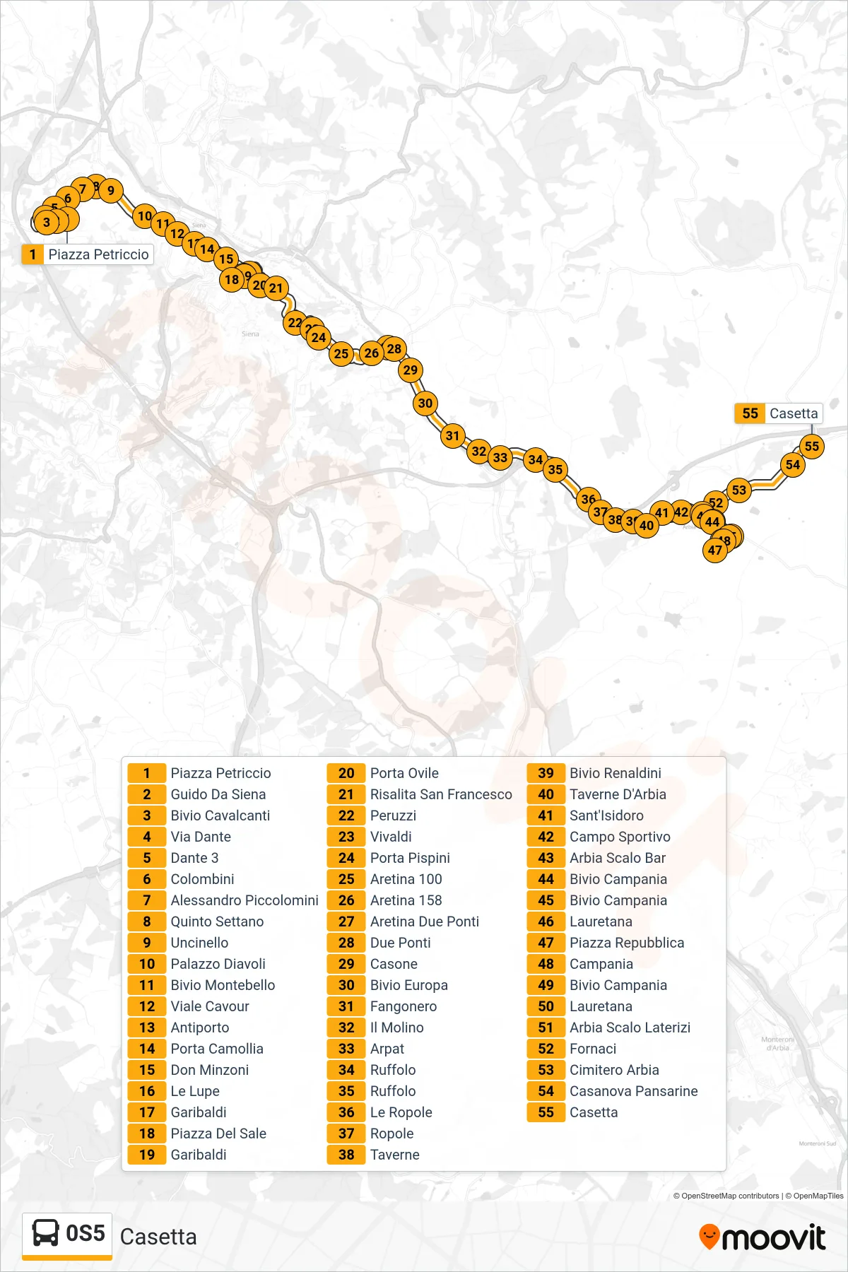 Linea 0S5  bus (Casetta) - Percorsi e fermate sulla mappa