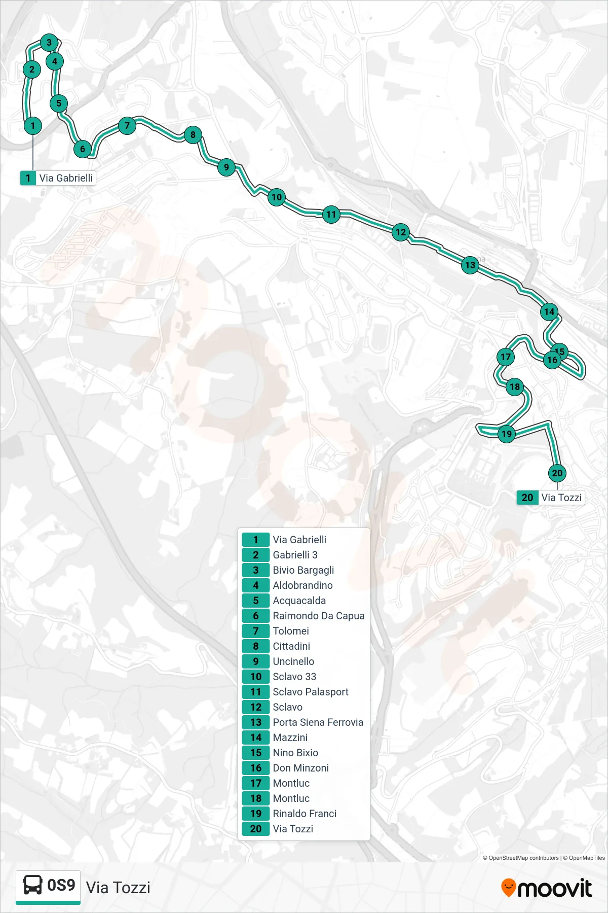 Linea 0S9 bus (Via Tozzi) - Percorsi e fermate sulla mappa
