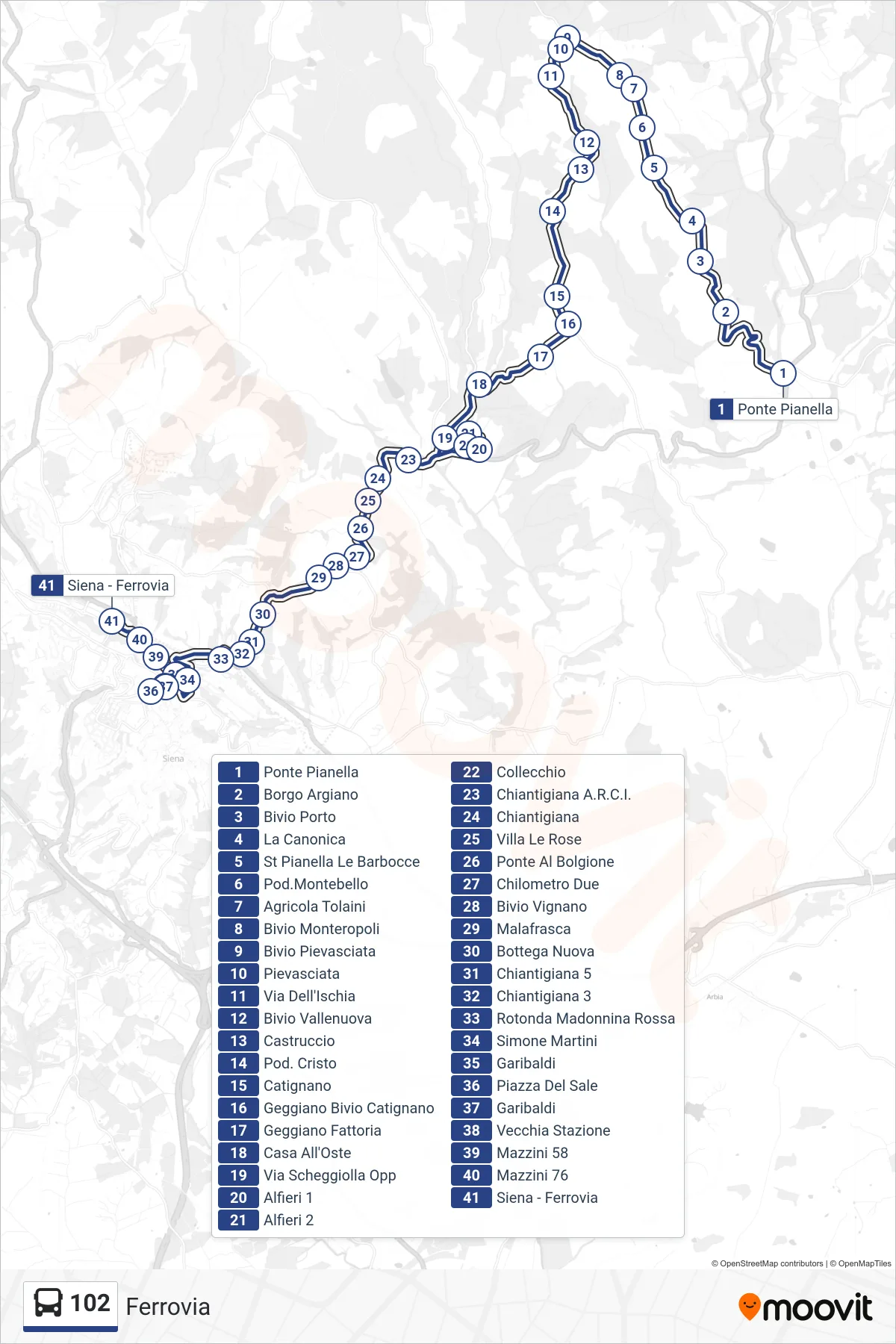 Linea 102  bus (Ferrovia) - Percorsi e fermate sulla mappa