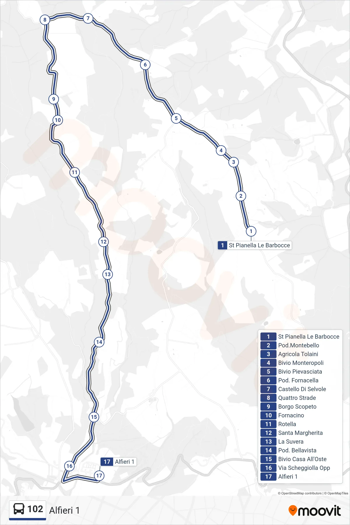 Linea 102 bus (Alfieri 1) - Percorsi e fermate sulla mappa