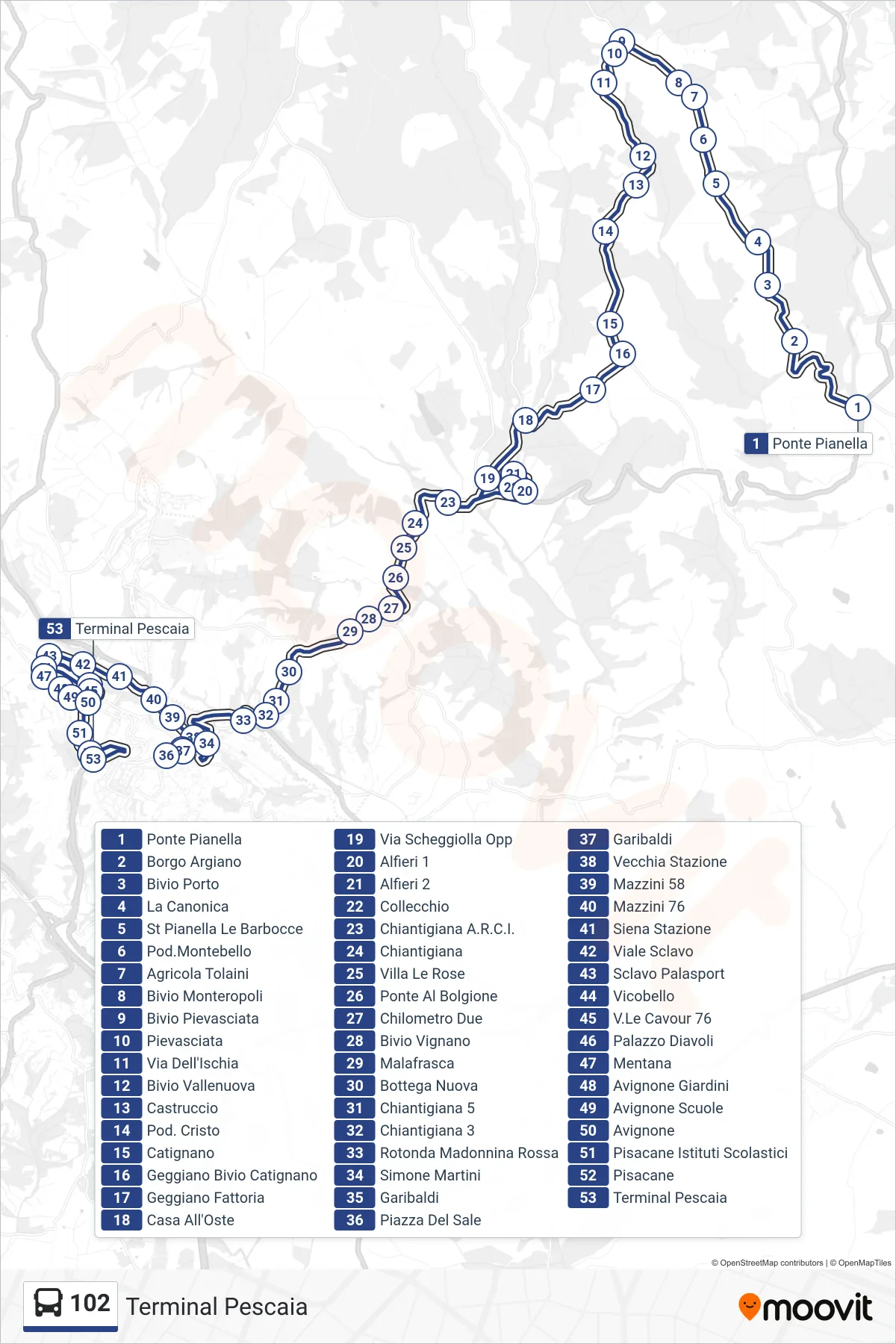Linea 102 bus (Terminal Pescaia) - Percorsi e fermate sulla mappa