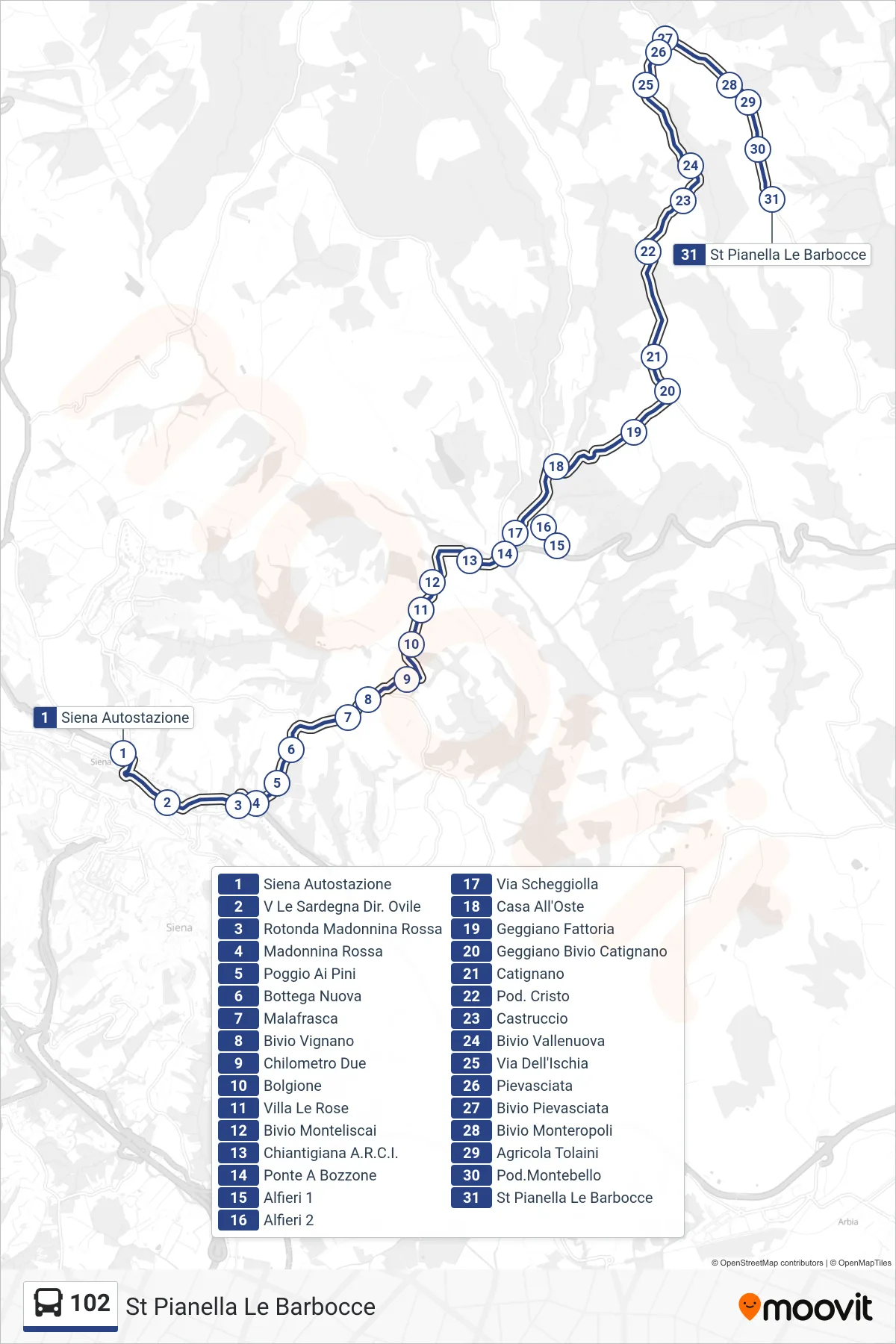 Linea 102 bus (St Pianella Le Barbocce) - Percorsi e fermate sulla mappa