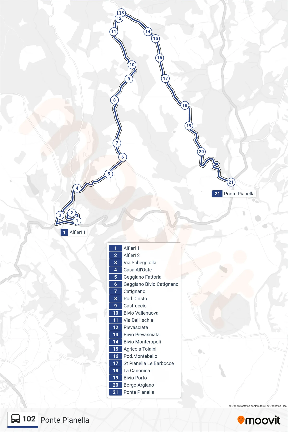 Linea 102 bus (Ponte Pianella) - Percorsi e fermate sulla mappa