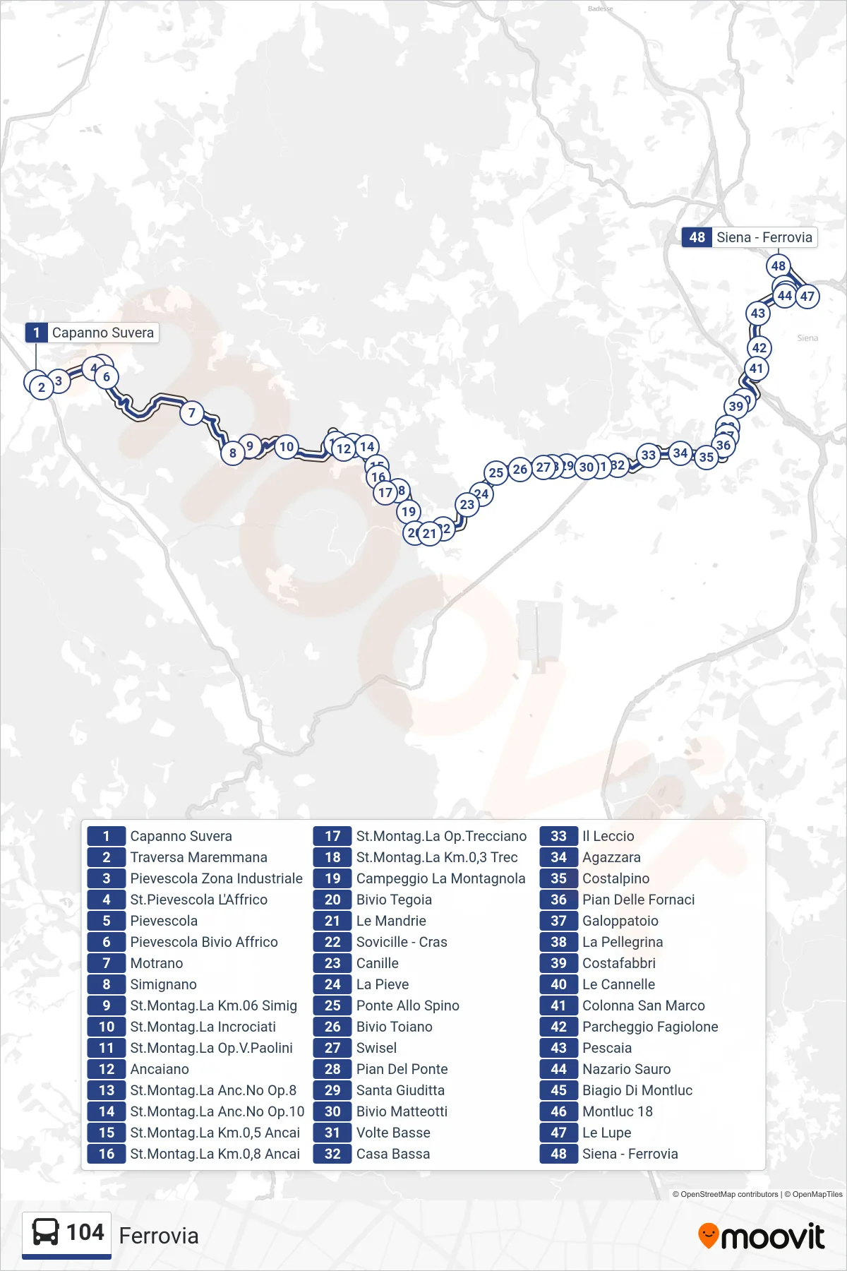 Linea 104  bus (Ferrovia) - Percorsi e fermate sulla mappa