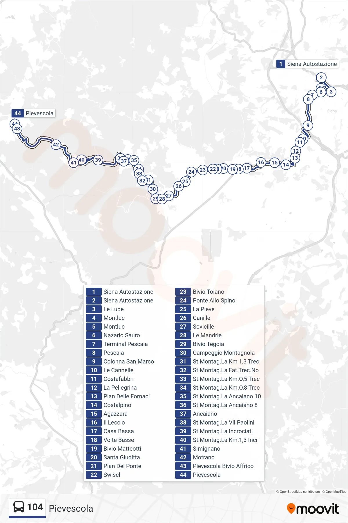 Linea 104 bus (Pievescola) - Percorsi e fermate sulla mappa