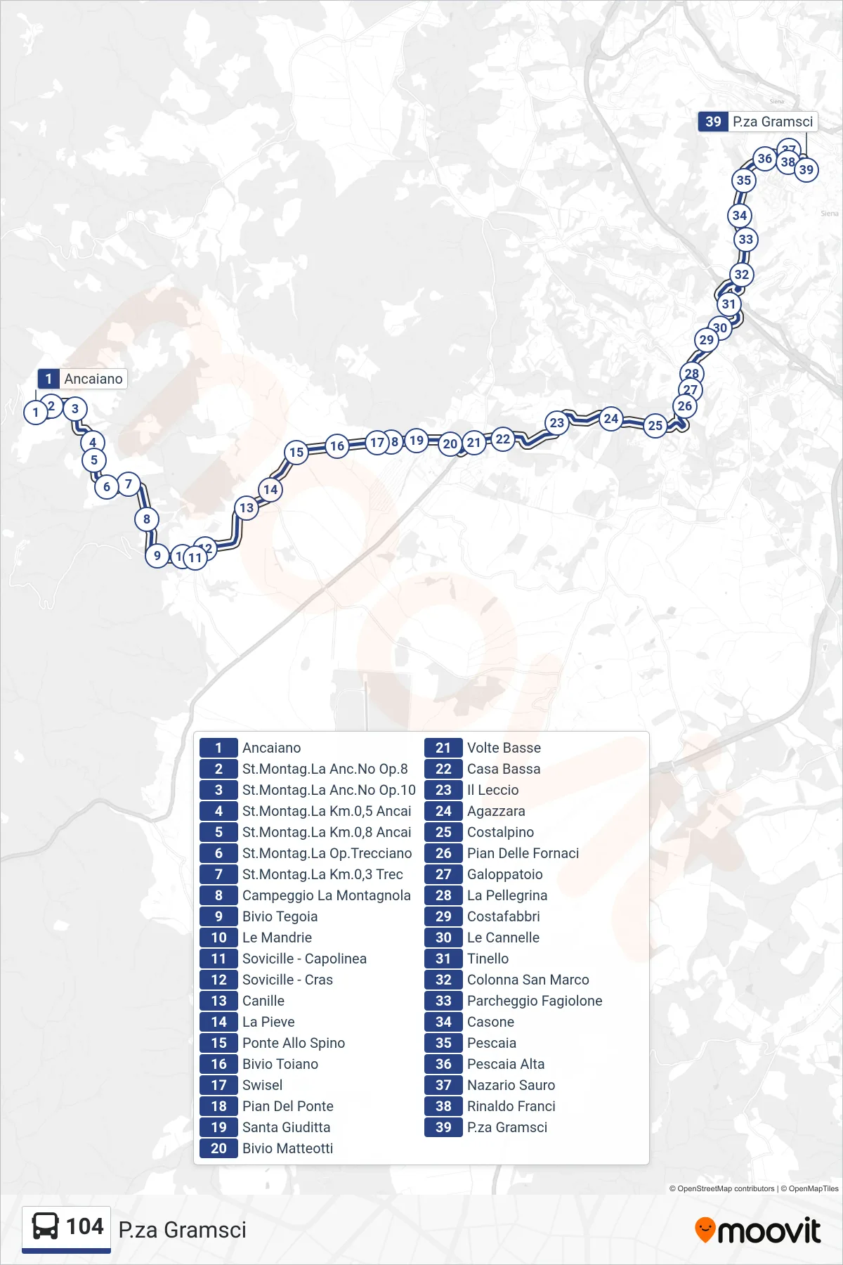 Linea 104 bus (P.za Gramsci) - Percorsi e fermate sulla mappa